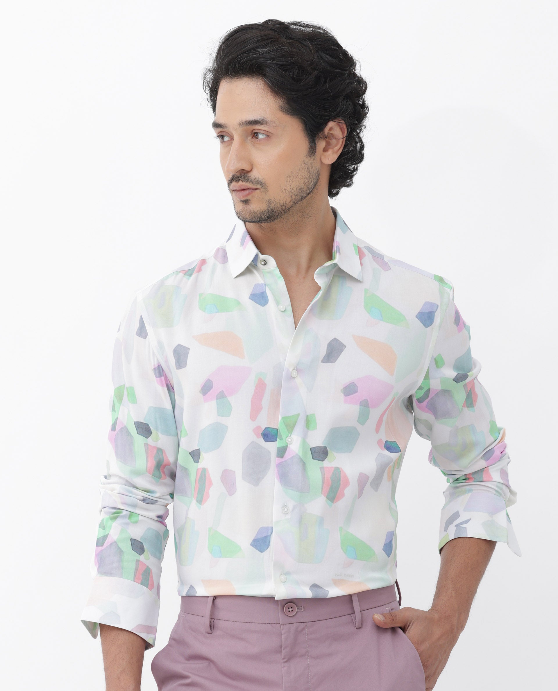 Rare Rabbit Mens Rumelo Off White Full Sleeve Abstract Print Shirt