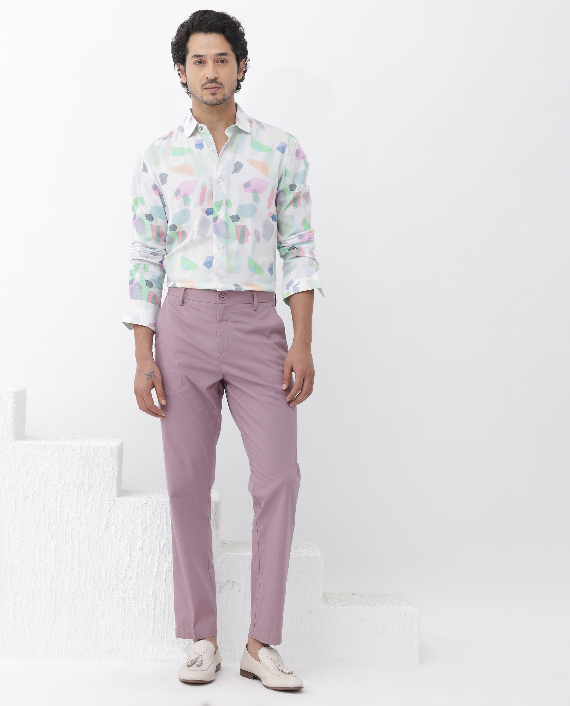 Rare Rabbit Mens Rumelo Off White Full Sleeve Abstract Print Shirt