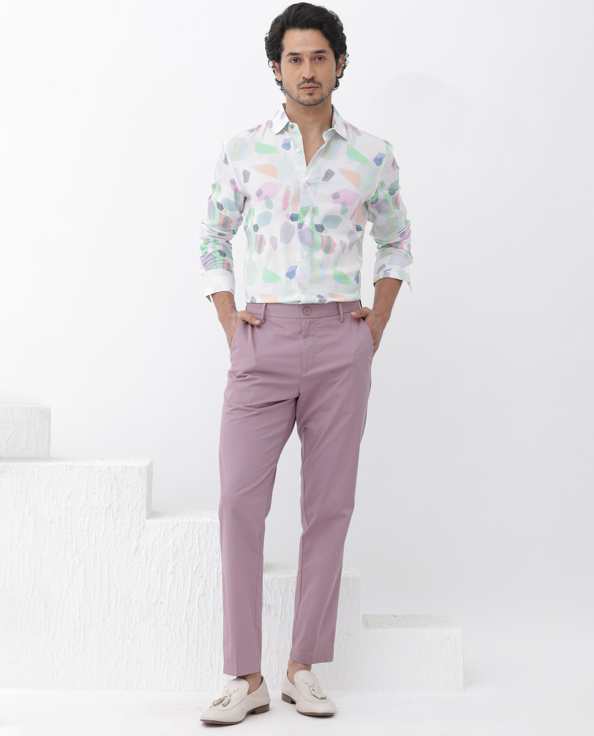 Rare Rabbit Mens Rumelo Off White Full Sleeve Abstract Print Shirt