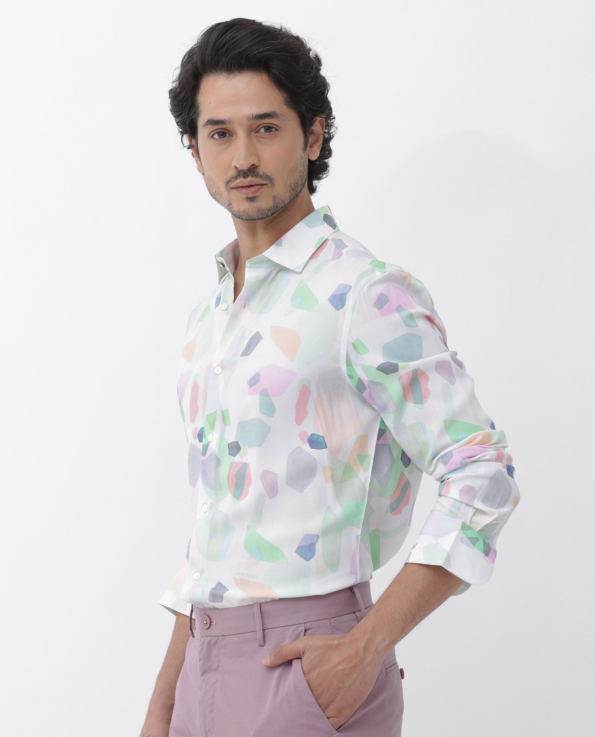 Rare Rabbit Mens Rumelo Off White Full Sleeve Abstract Print Shirt