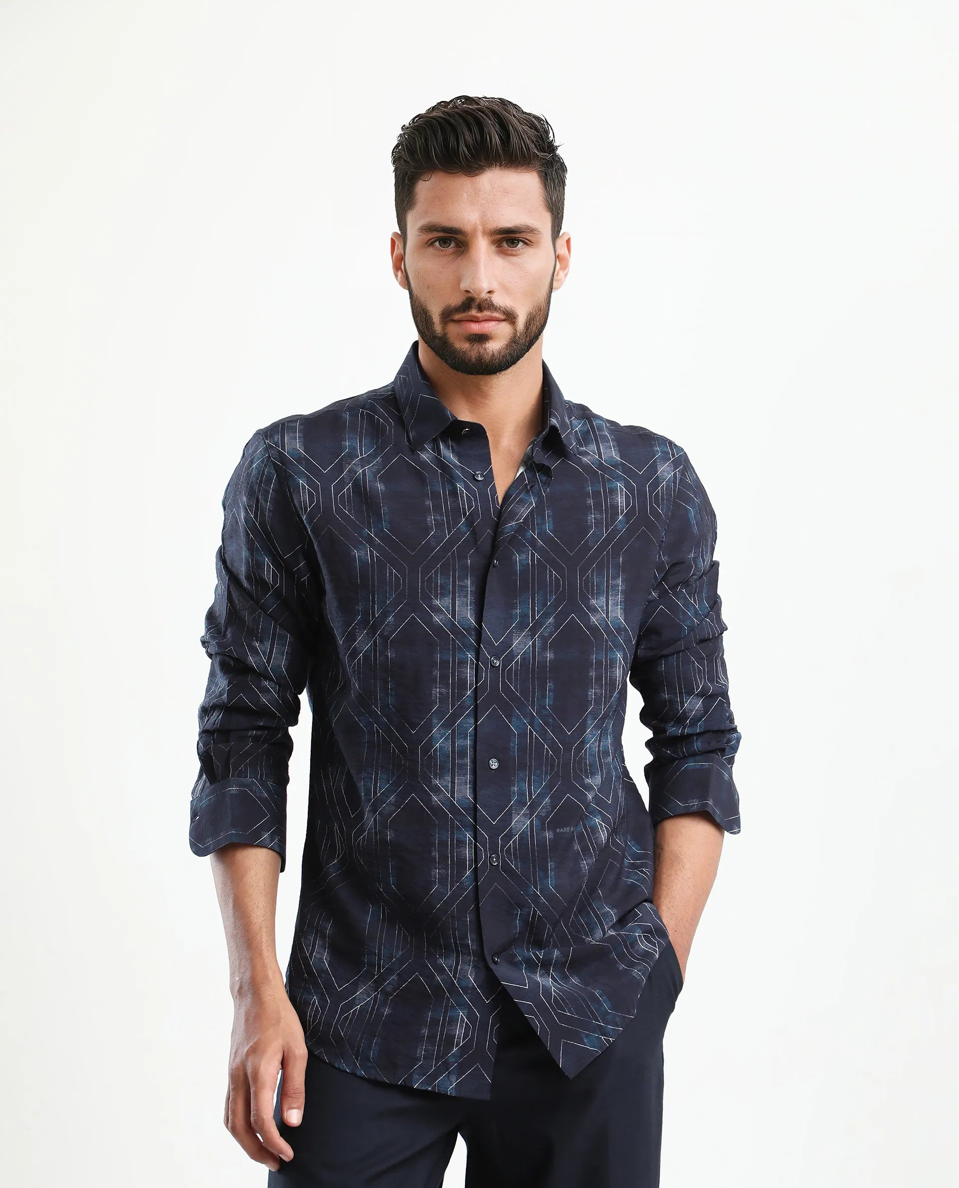 Rare Rabbit Men's Rumi Dark Navy Viscose Blend Geometric Print Regular Fit Full Sleeve Collared Shirt