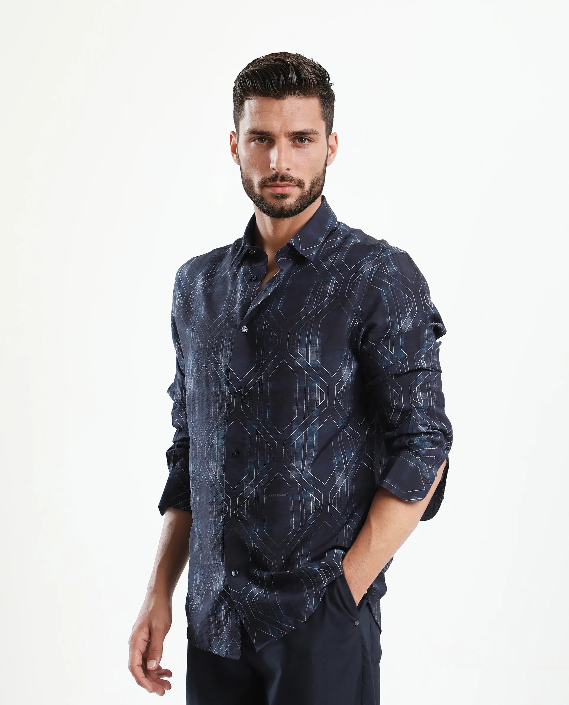 Rare Rabbit Men's Rumi Dark Navy Viscose Blend Geometric Print Regular Fit Full Sleeve Collared Shirt