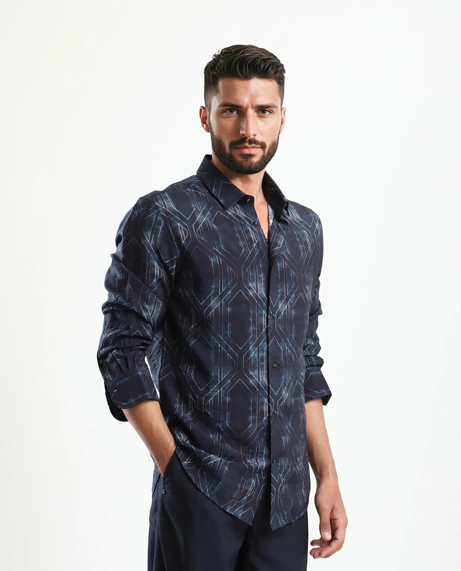 Rare Rabbit Men's Rumi Dark Navy Viscose Blend Geometric Print Regular Fit Full Sleeve Collared Shirt