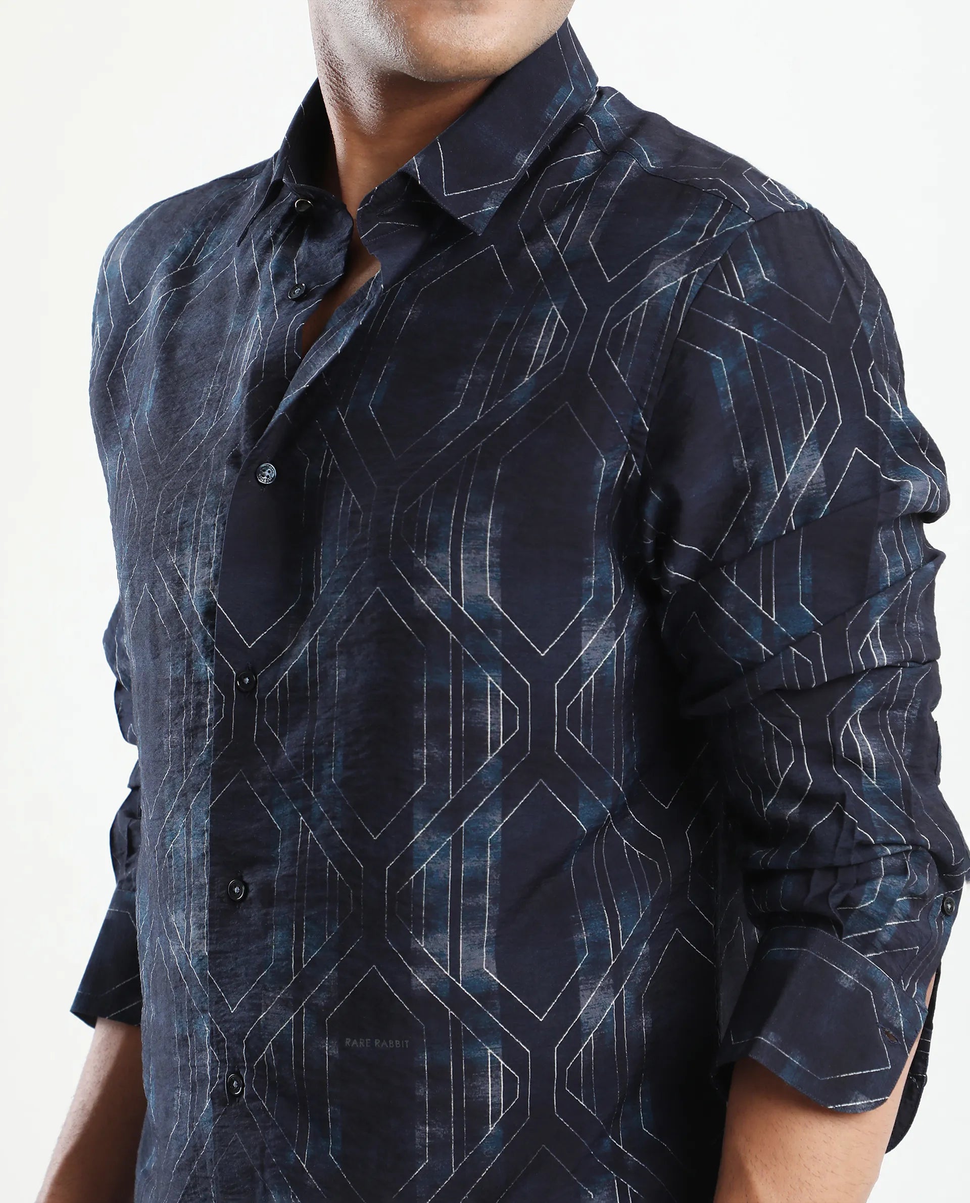 Rare Rabbit Men's Rumi Dark Navy Viscose Blend Geometric Print Regular Fit Full Sleeve Collared Shirt