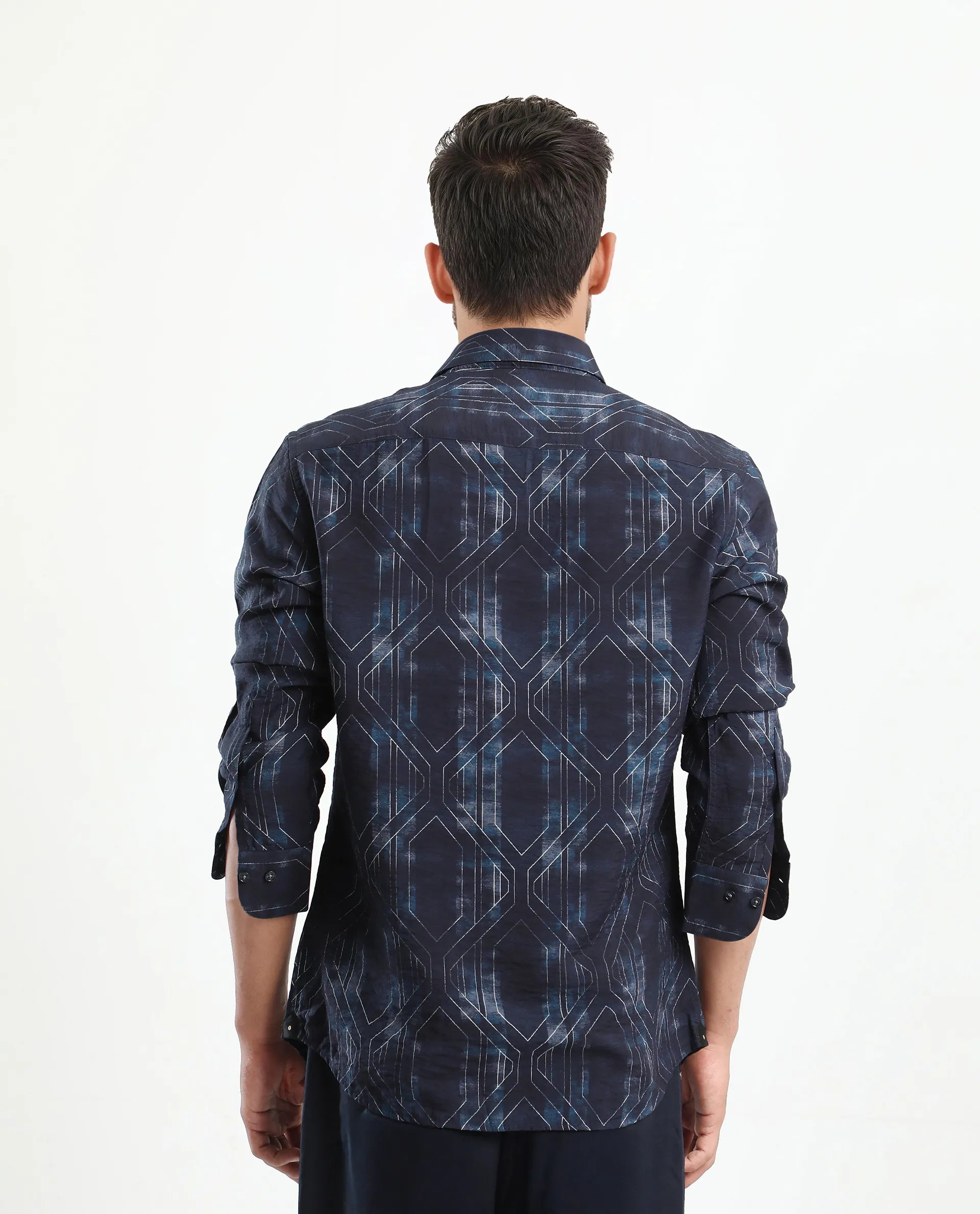 Rare Rabbit Men's Rumi Dark Navy Viscose Blend Geometric Print Regular Fit Full Sleeve Collared Shirt