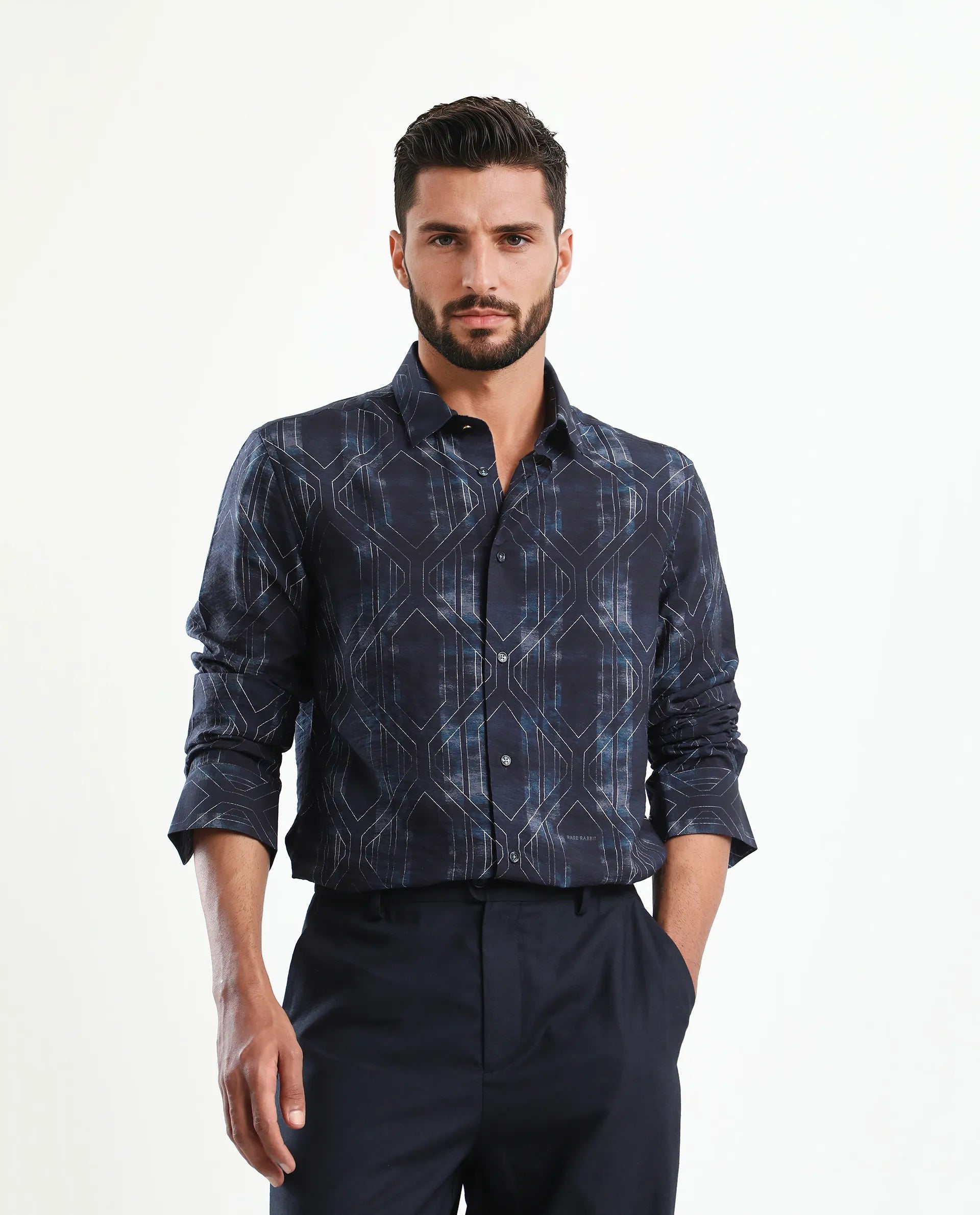Rare Rabbit Men's Rumi Dark Navy Viscose Blend Geometric Print Regular Fit Full Sleeve Collared Shirt