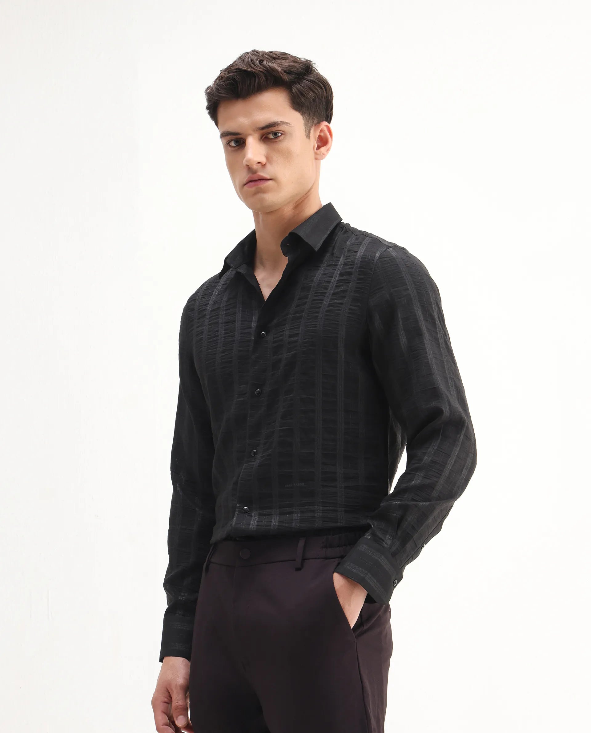 Rare Rabbit Men's Runek-25 Black Polyester Striped Print Regular Fit Full Sleeve Collared Shirt