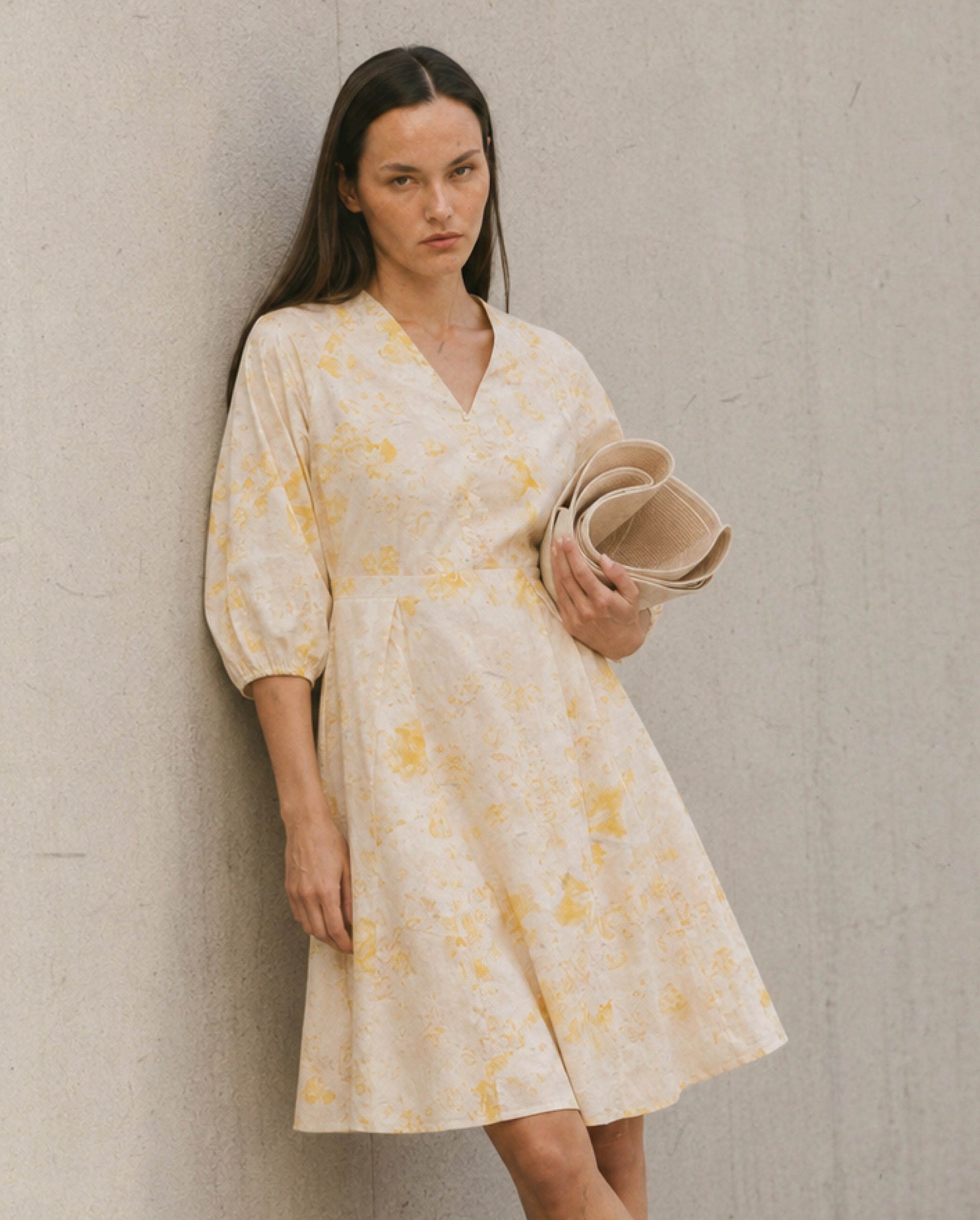 Rareism Women's Runet Yellow Cotton Fabric V-Neck Fit And Flare Floral Print Dress