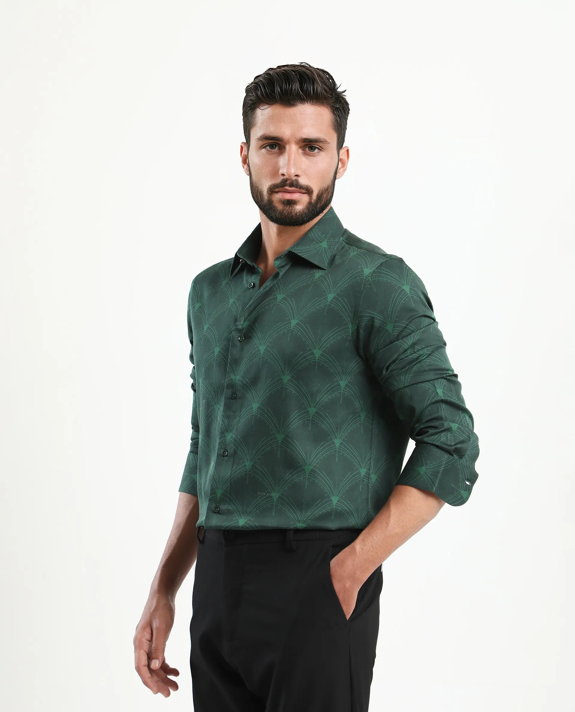 Rare Rabbit Men's Runi Green Cotton Blend Decorative Print Regular Fit Full Sleeve Collared Shirt