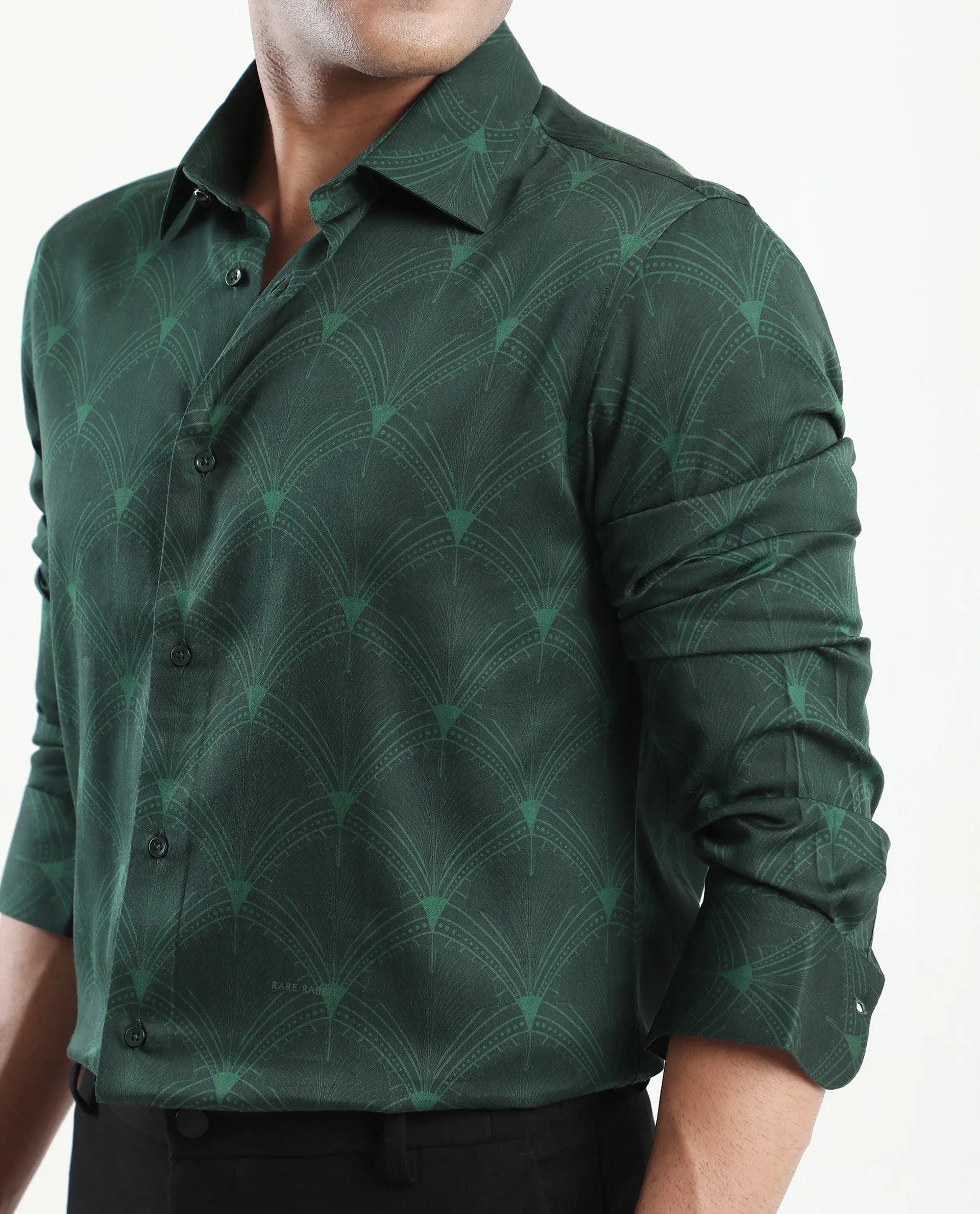 Rare Rabbit Men's Runi Green Cotton Blend Decorative Print Regular Fit Full Sleeve Collared Shirt