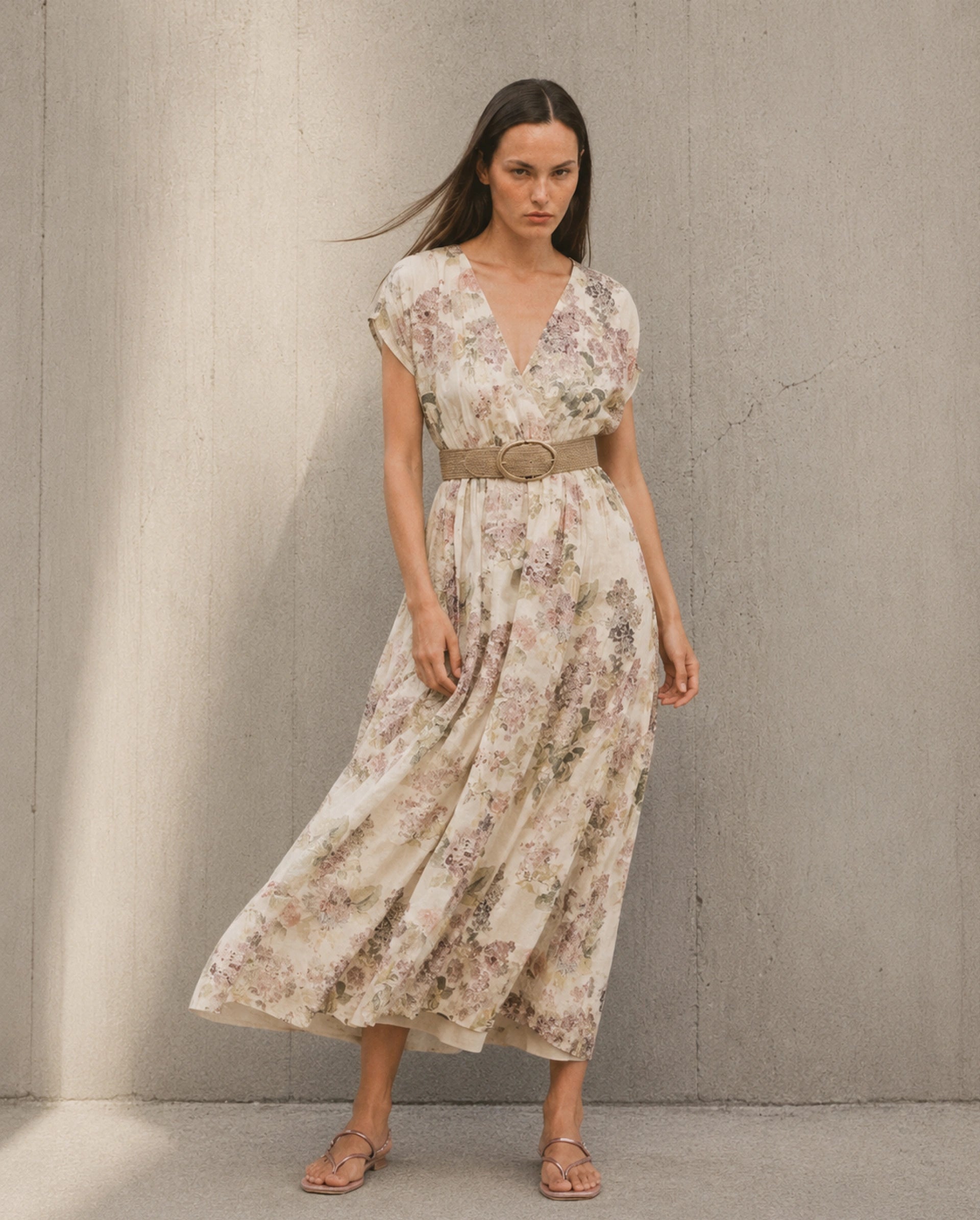 Rareism Women's Runim Light Beige Polyester V-Neck Fit And Flare Floral Print Dress