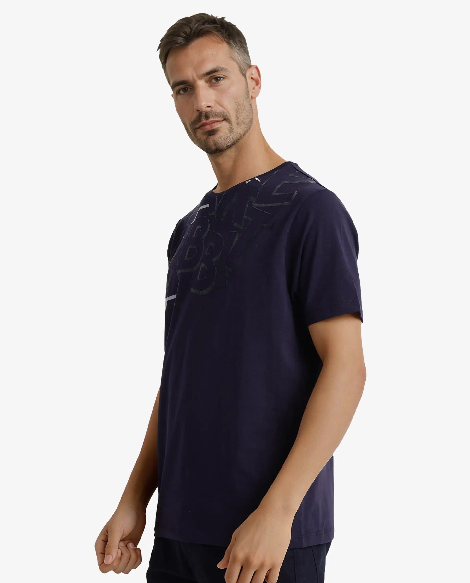 Rare Rabbit Men Runi Navy Short Sleeve Crew Neck Graphic Print T-Shirt