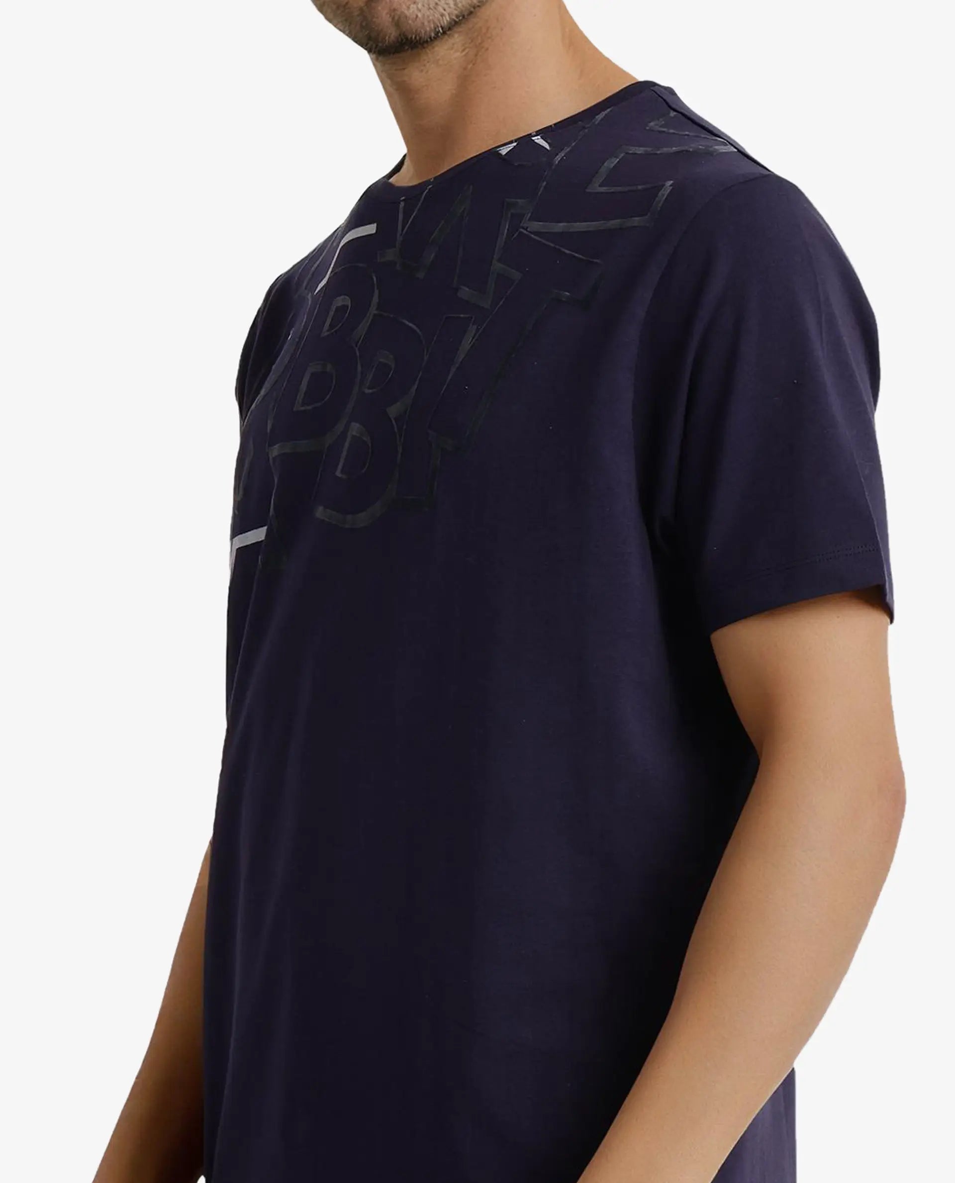 Rare Rabbit Men Runi Navy Short Sleeve Crew Neck Graphic Print T-Shirt