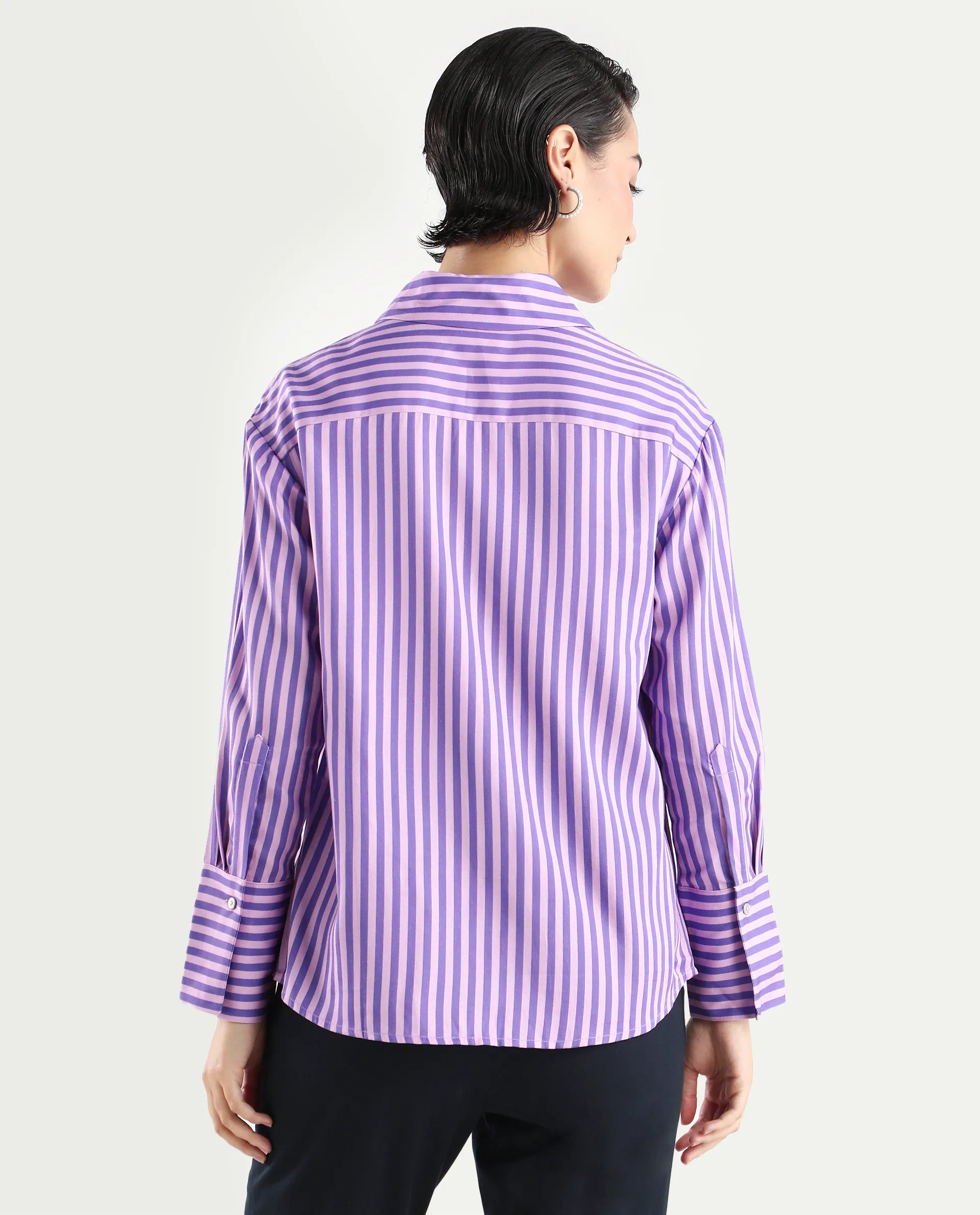 Rareism Women's Runio Dusky Purple Polyester Drop Collar Striped Cuffed Sleeve Regular Fit Shirt