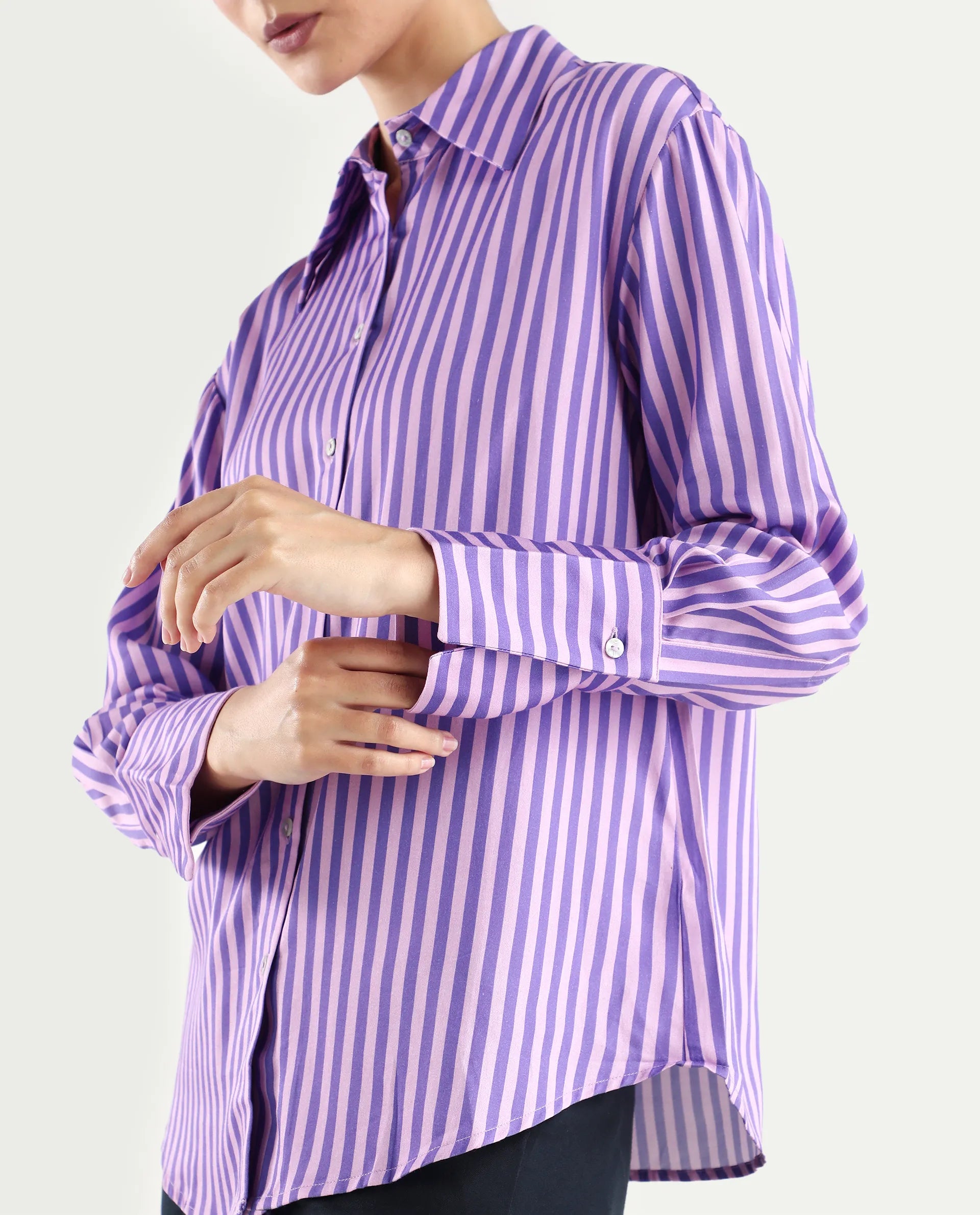 Rareism Women's Runio Dusky Purple Polyester Drop Collar Striped Cuffed Sleeve Regular Fit Shirt