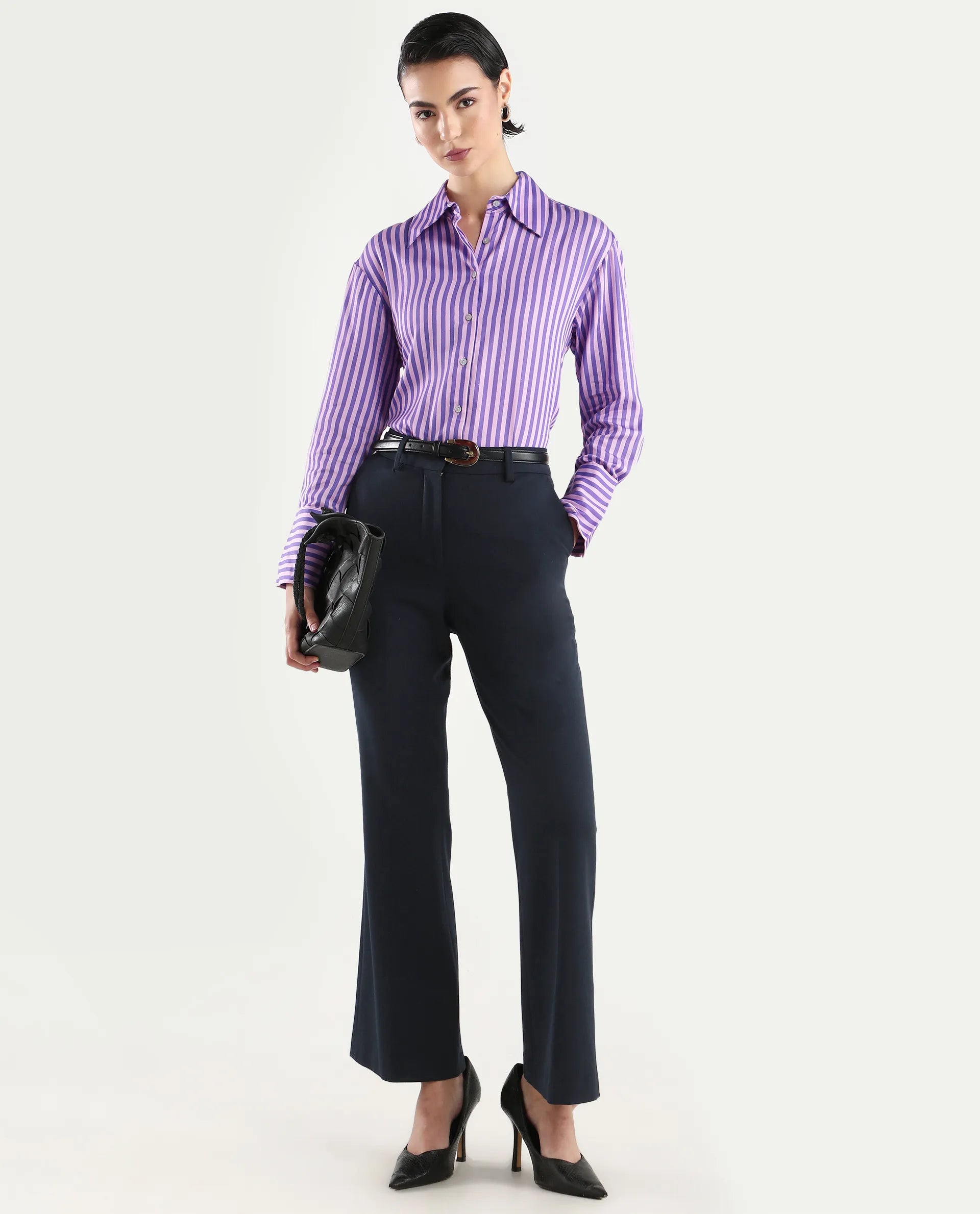 Rareism Women's Runio Dusky Purple Polyester Drop Collar Striped Cuffed Sleeve Regular Fit Shirt