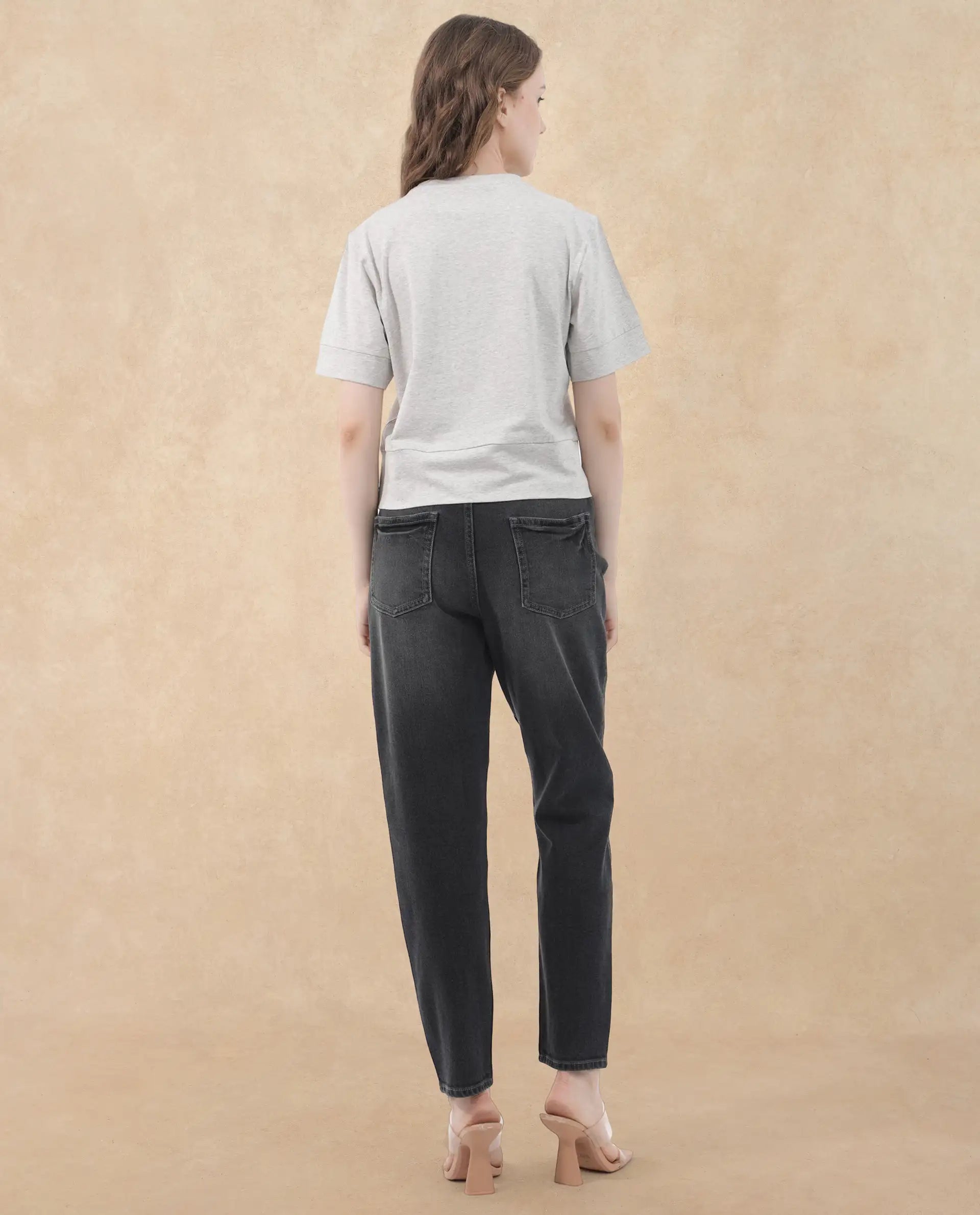 Rareism Women Runo Melange Grey Cotton Elastane Fabric Crew Neck Knit Solid T-Shirt