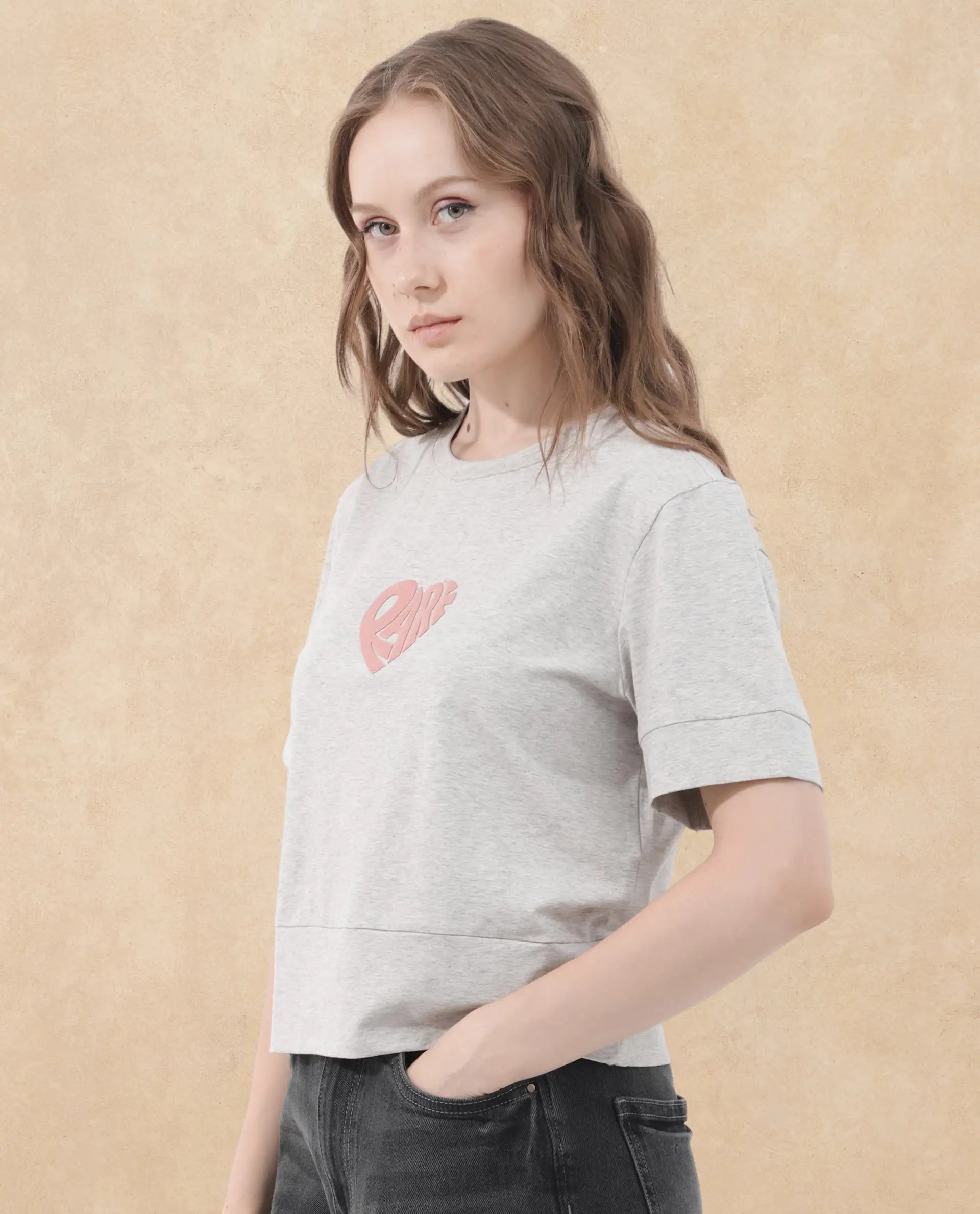 Rareism Women Runo Melange Grey Cotton Elastane Fabric Crew Neck Knit Solid T-Shirt