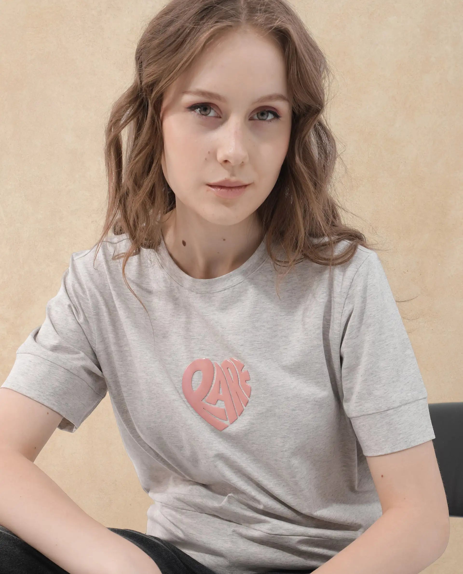 Rareism Women Runo Melange Grey Cotton Elastane Fabric Crew Neck Knit Solid T-Shirt