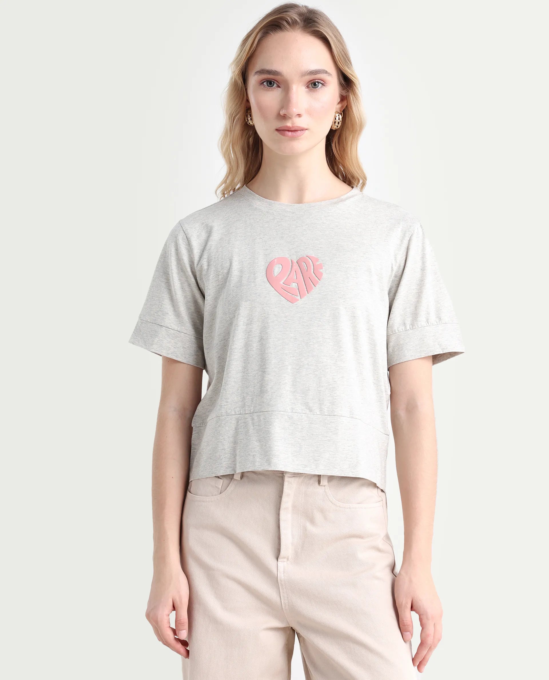 Rareism Women's Runo Melange Grey Cotton Blend Crew Neck Graphic Print Regular Fit T-Shirt
