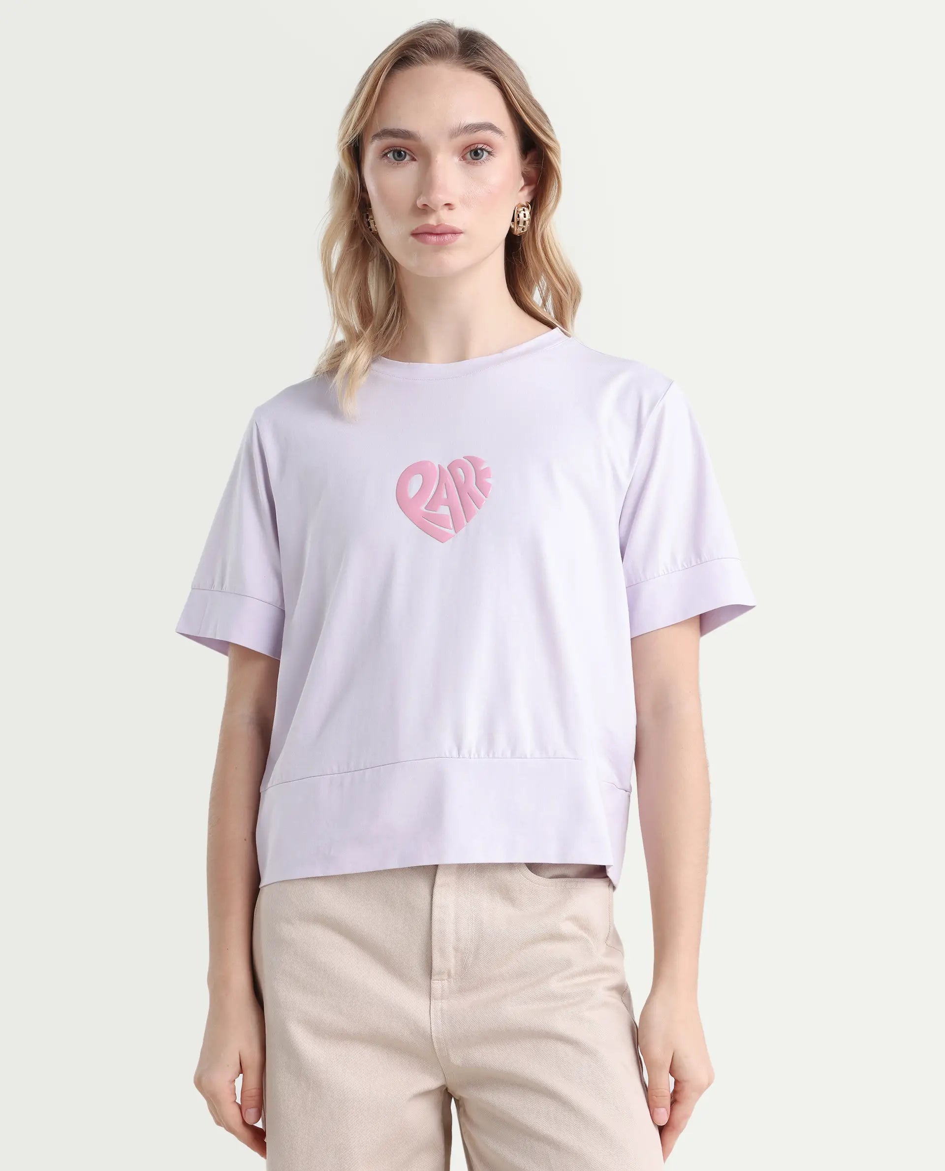 Rareism Women's Runo Pastel Purple Cotton Blend Crew Neck Graphic Print Regular Fit T-Shirt