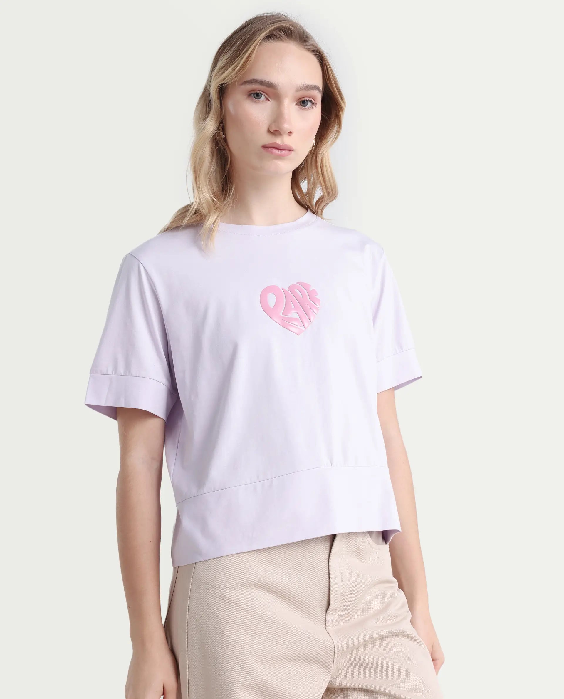 Rareism Women's Runo Pastel Purple Cotton Blend Crew Neck Graphic Print Regular Fit T-Shirt