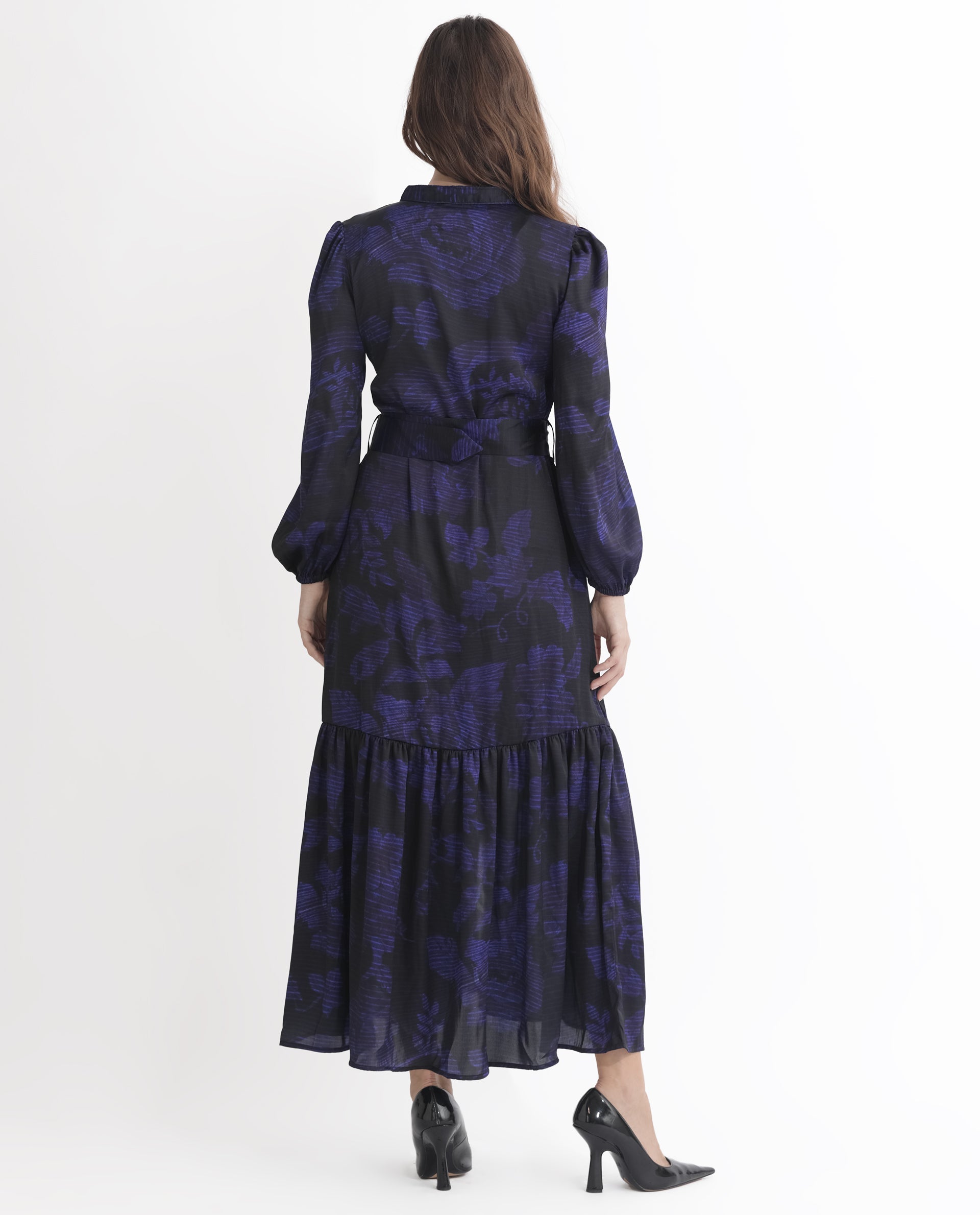 Rareism Women Rupper Dark Navy Polyester Fabric Full Sleeves Button Closure V-Neck Bishop Sleeve Relaxed Fit Abstract Print Maxi Tiered Dress