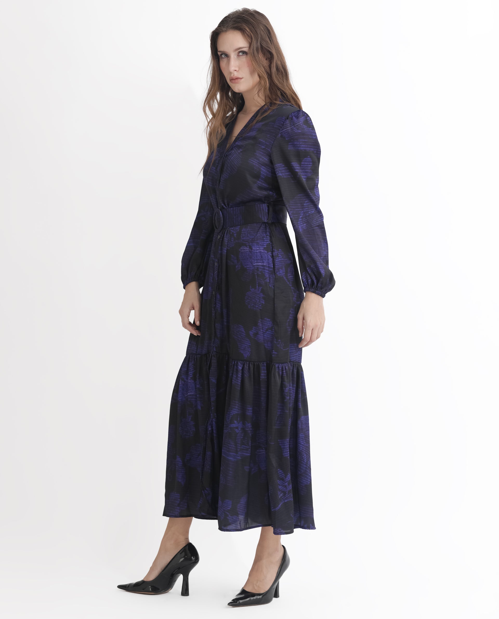 Rareism Women Rupper Dark Navy Polyester Fabric Full Sleeves Button Closure V-Neck Bishop Sleeve Relaxed Fit Abstract Print Maxi Tiered Dress