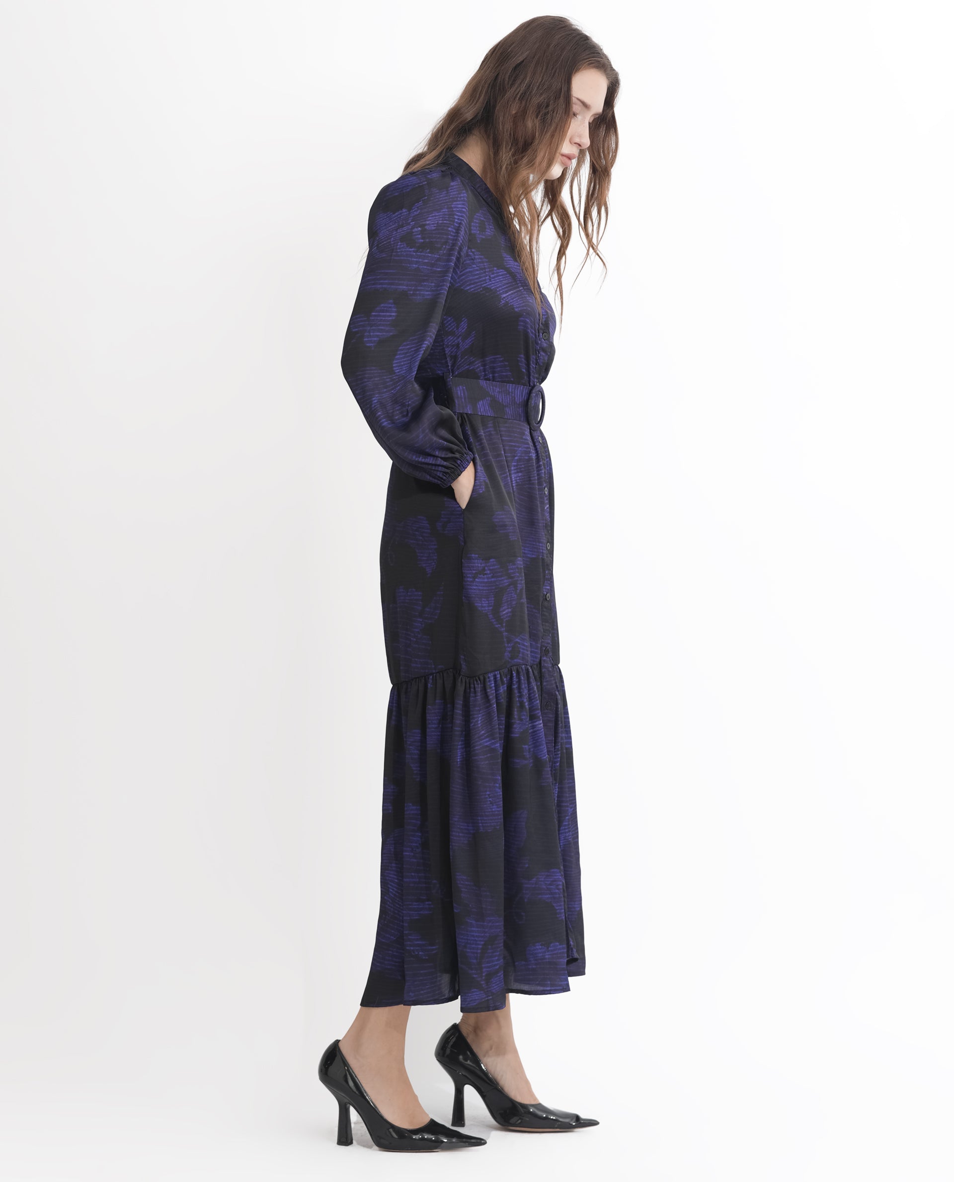 Rareism Women Rupper Dark Navy Polyester Fabric Full Sleeves Button Closure V-Neck Bishop Sleeve Relaxed Fit Abstract Print Maxi Tiered Dress
