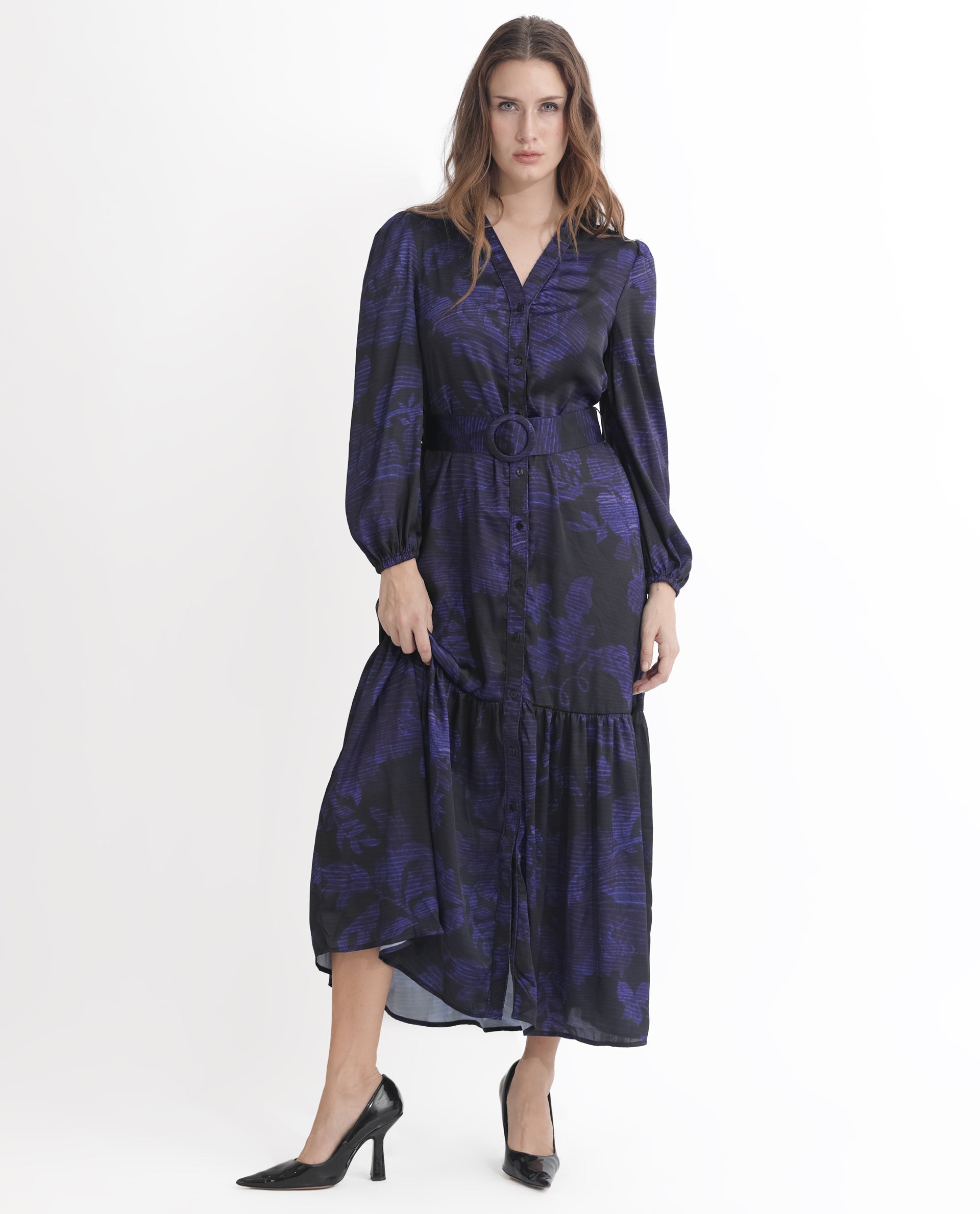 Rareism Women Rupper Dark Navy Polyester Fabric Full Sleeves Button Closure V-Neck Bishop Sleeve Relaxed Fit Abstract Print Maxi Tiered Dress