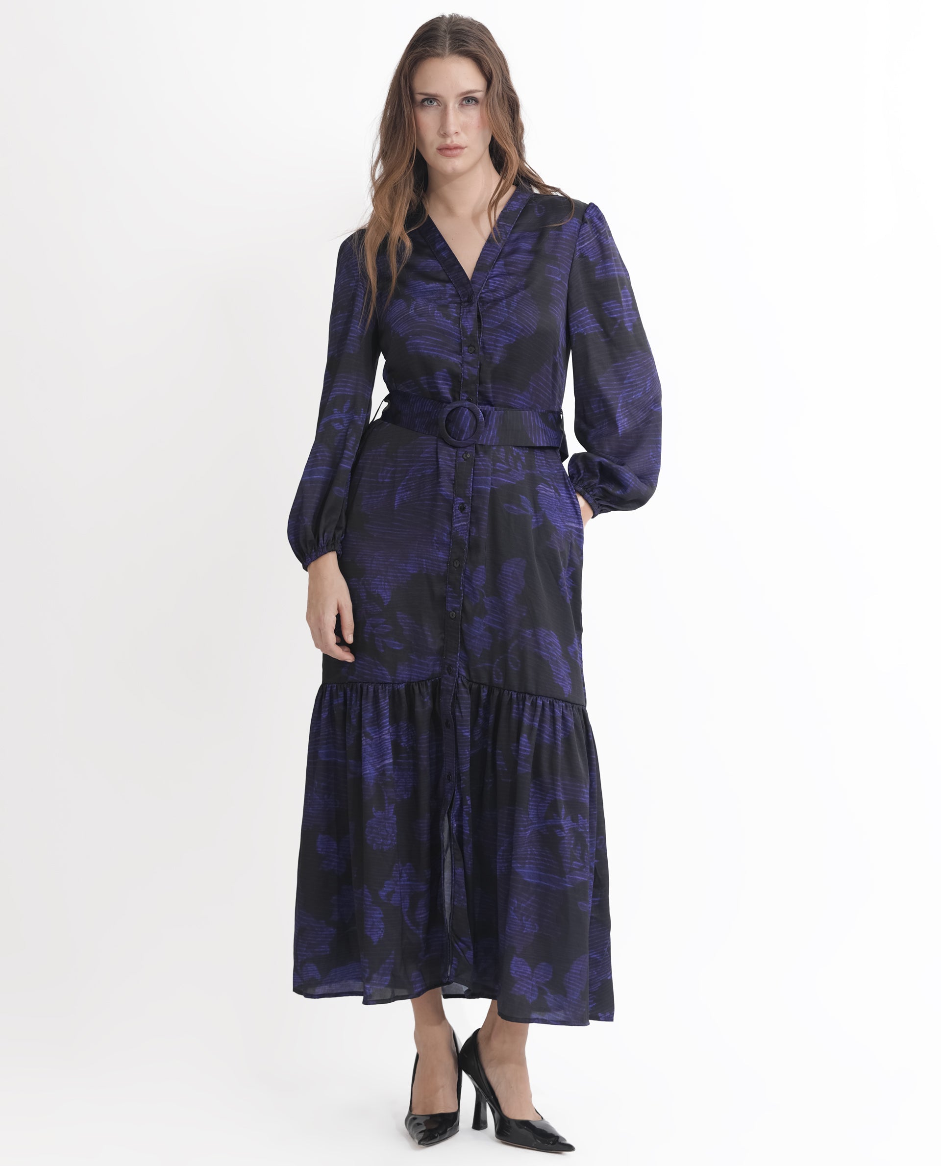 Rareism Women Rupper Dark Navy Polyester Fabric Full Sleeves Button Closure V-Neck Bishop Sleeve Relaxed Fit Abstract Print Maxi Tiered Dress