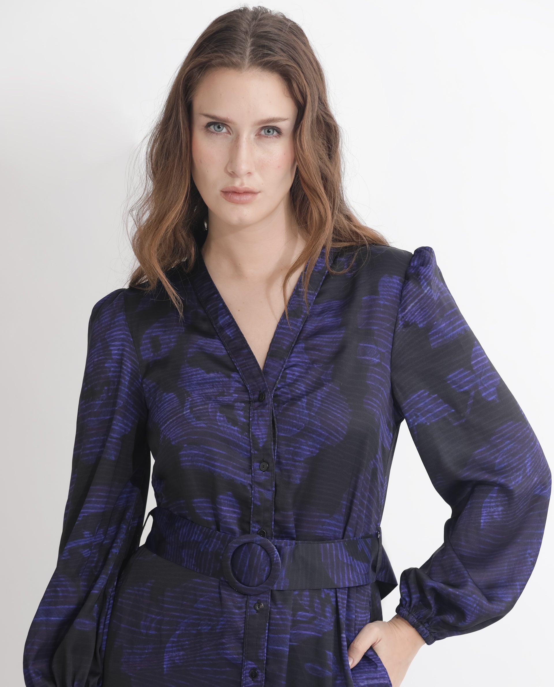 Rareism Women Rupper Dark Navy Polyester Fabric Full Sleeves Button Closure V-Neck Bishop Sleeve Relaxed Fit Abstract Print Maxi Tiered Dress