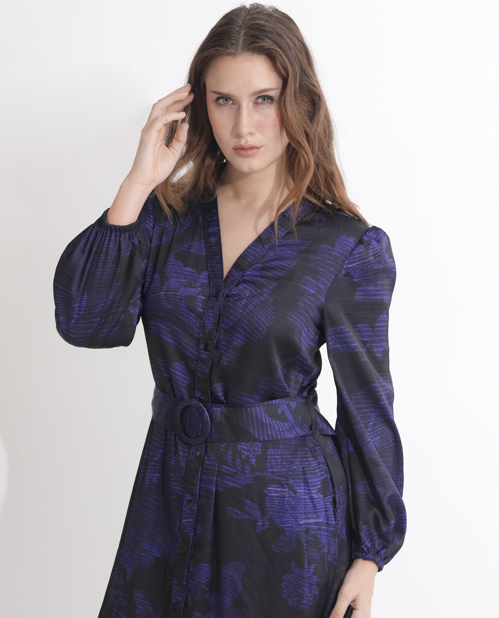 Rareism Women Rupper Dark Navy Polyester Fabric Full Sleeves Button Closure V-Neck Bishop Sleeve Relaxed Fit Abstract Print Maxi Tiered Dress