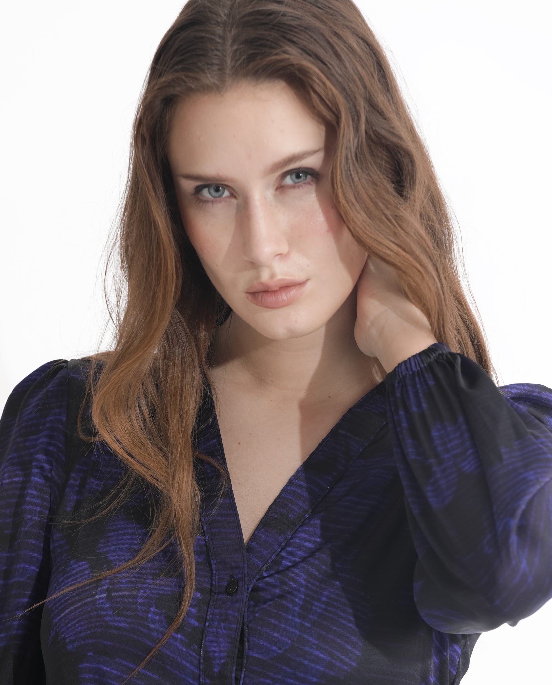 Rareism Women Rupper Dark Navy Polyester Fabric Full Sleeves Button Closure V-Neck Bishop Sleeve Relaxed Fit Abstract Print Maxi Tiered Dress