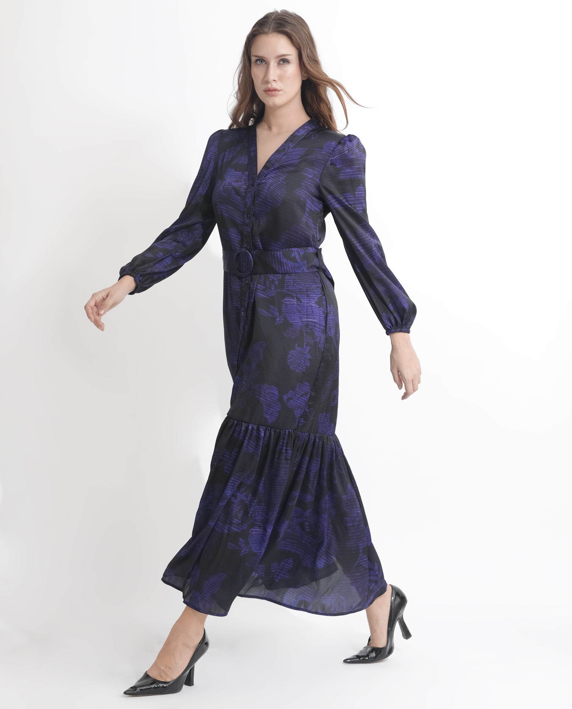 Rareism Women Rupper Dark Navy Polyester Fabric Full Sleeves Button Closure V-Neck Bishop Sleeve Relaxed Fit Abstract Print Maxi Tiered Dress