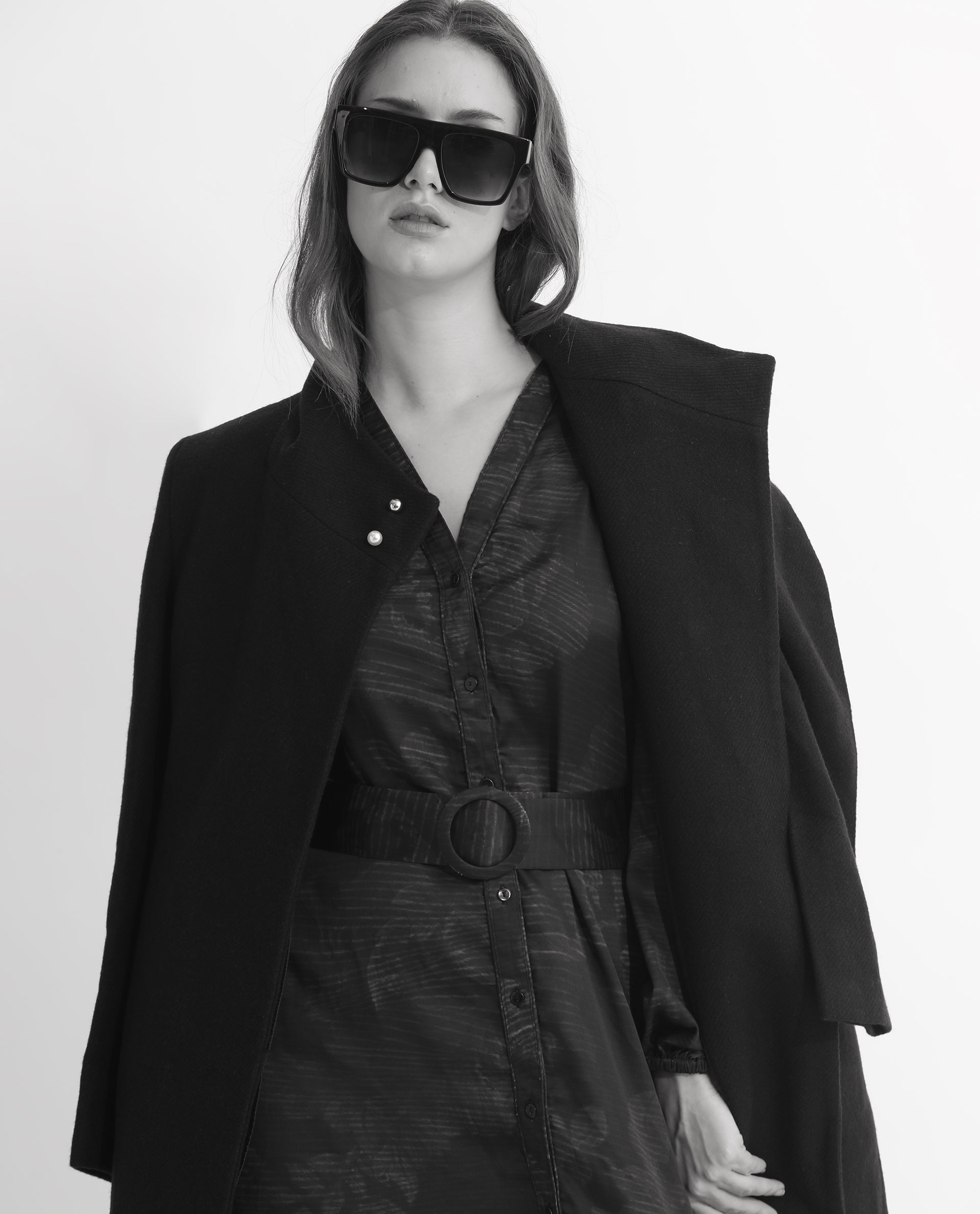 Rareism Women Rupper Dark Navy Polyester Fabric Full Sleeves Button Closure V-Neck Bishop Sleeve Relaxed Fit Abstract Print Maxi Tiered Dress