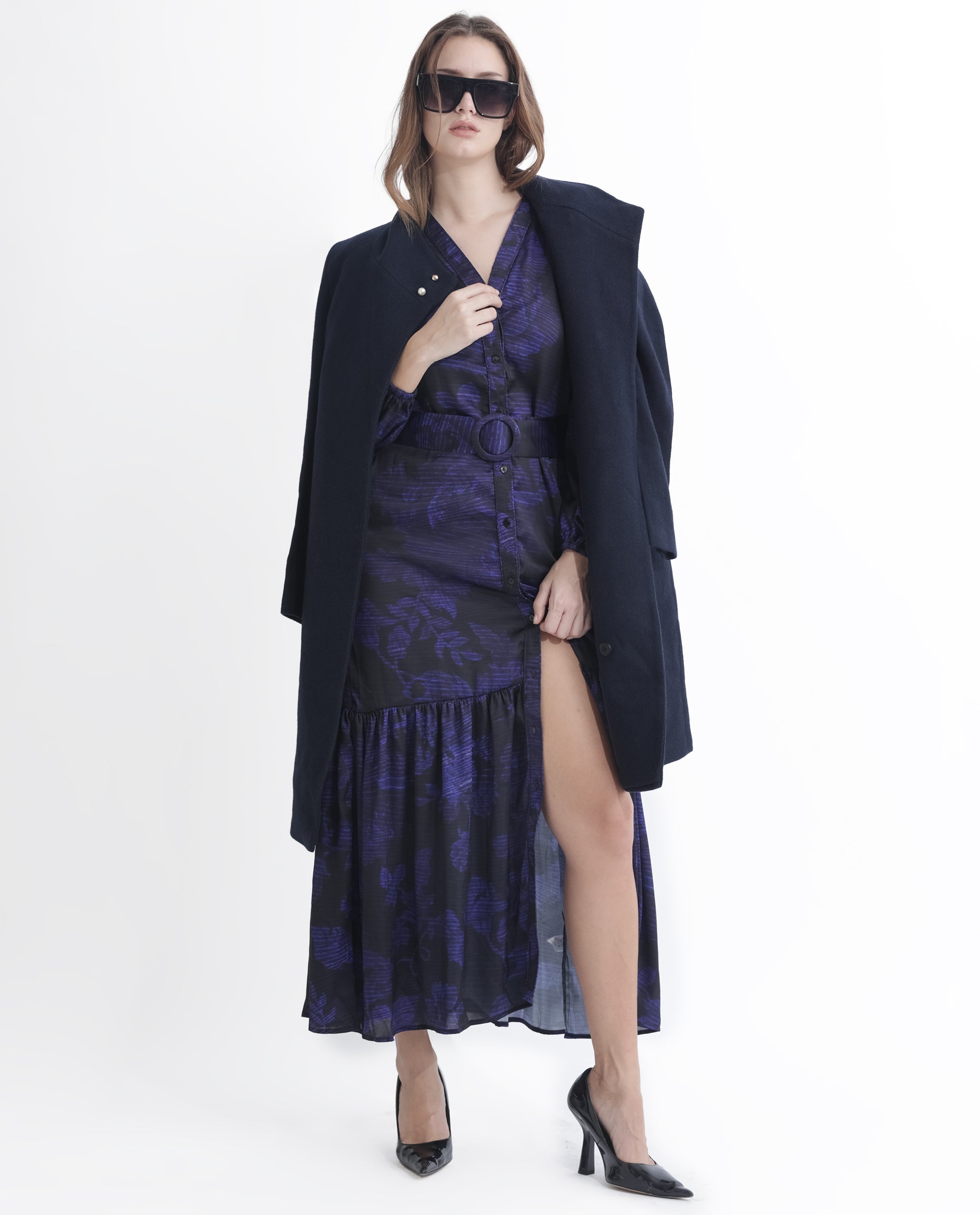 Rareism Women Rupper Dark Navy Polyester Fabric Full Sleeves Button Closure V-Neck Bishop Sleeve Relaxed Fit Abstract Print Maxi Tiered Dress