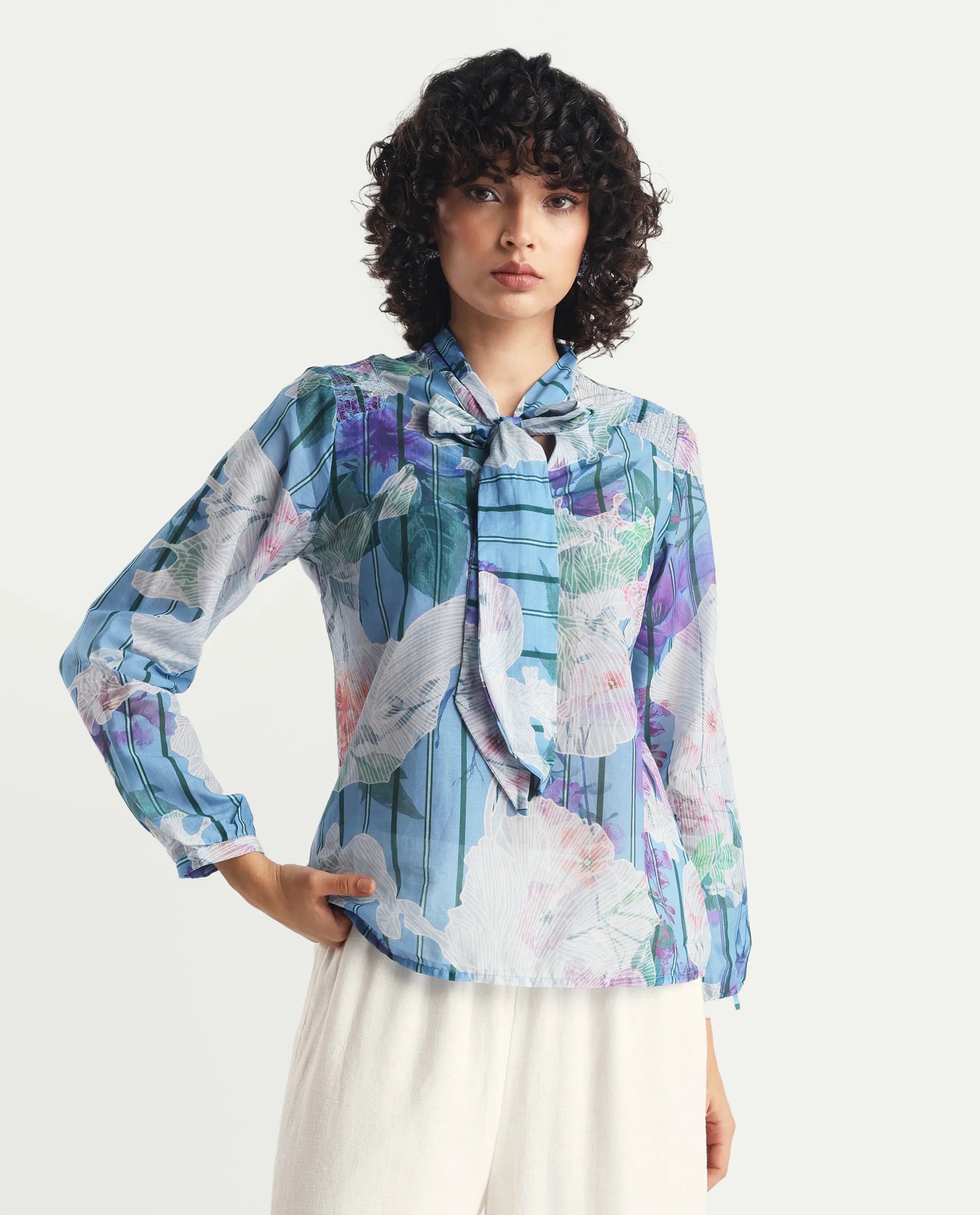 Rareism Women's Rush Blue Cotton Tie-Up Neck Floral Print Cuffed Sleeve Regular Fit Top