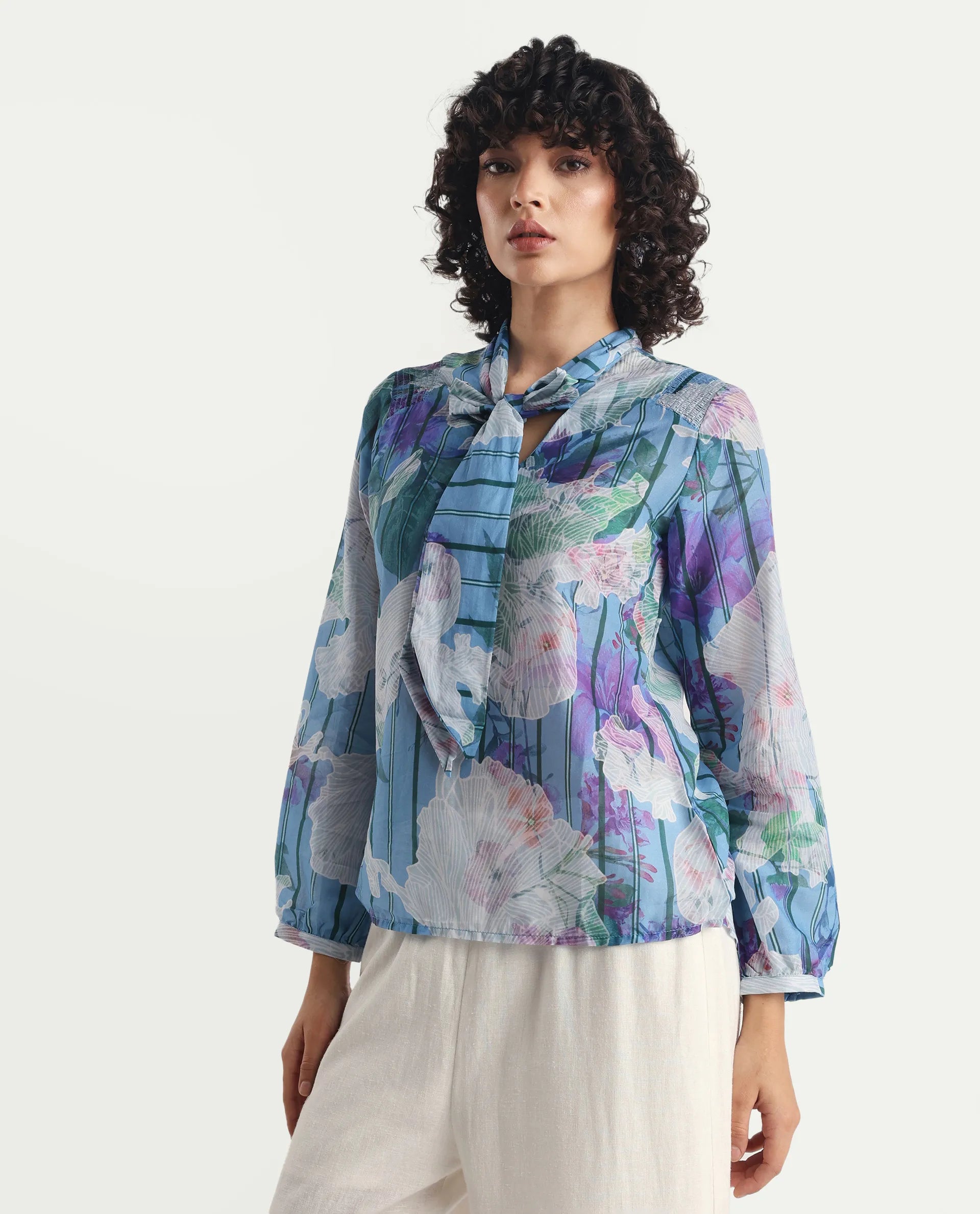 Rareism Women's Rush Blue Cotton Tie-Up Neck Floral Print Cuffed Sleeve Regular Fit Top