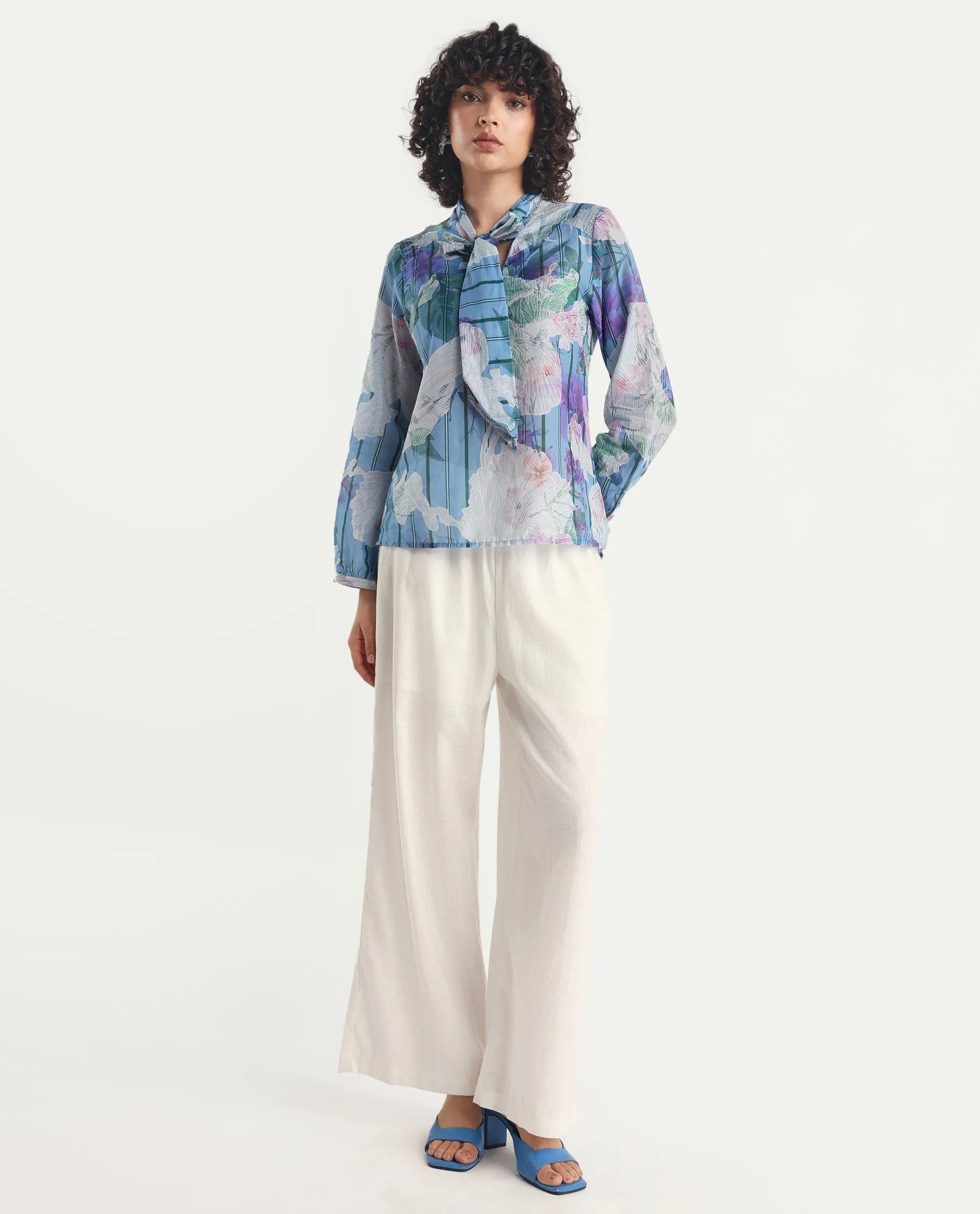 Rareism Women's Rush Blue Cotton Tie-Up Neck Floral Print Cuffed Sleeve Regular Fit Top