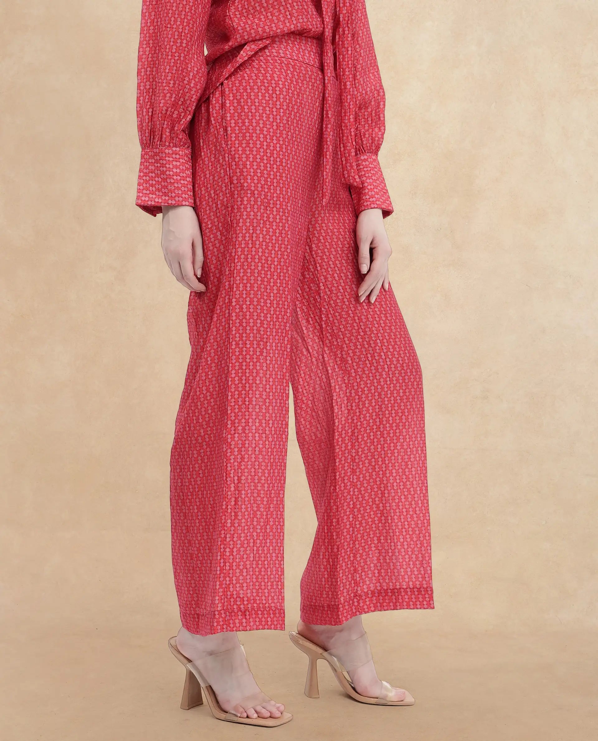 Rareism Women's Rusha-B Red Rayon Geometric Print Ankle Length Wide Trouser