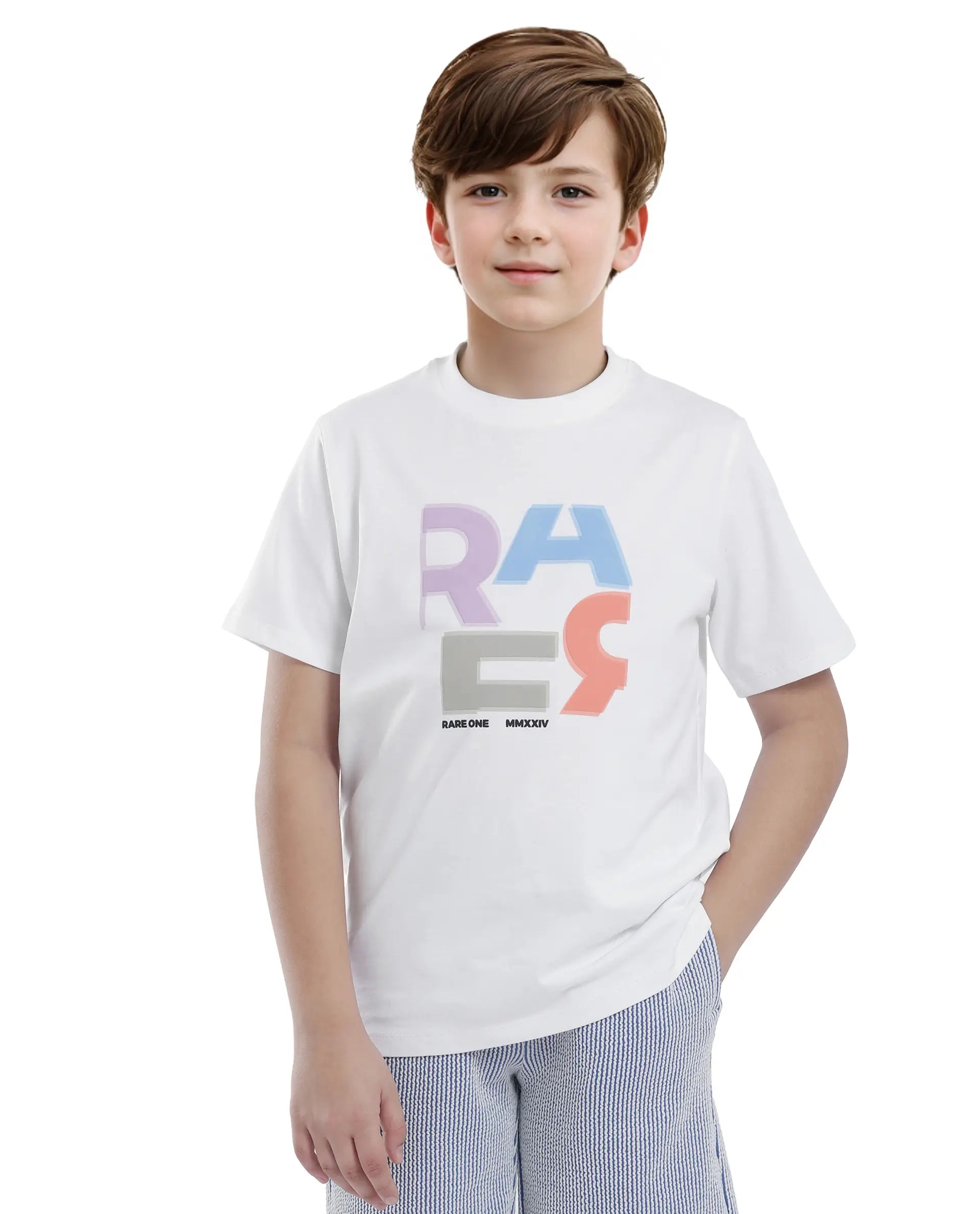 Rare Ones Kids Rush White Cotton Blend Half Sleeve Printed Regular Fit T-Shirt