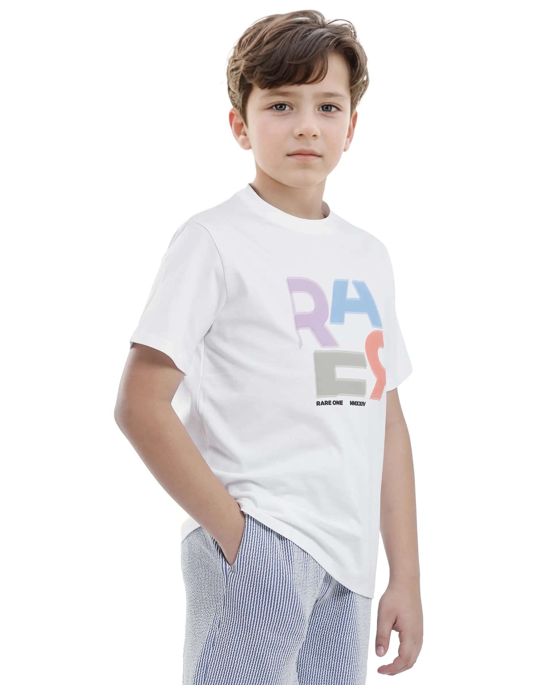 Rare Ones Kids Rush White Cotton Blend Half Sleeve Printed Regular Fit T-Shirt