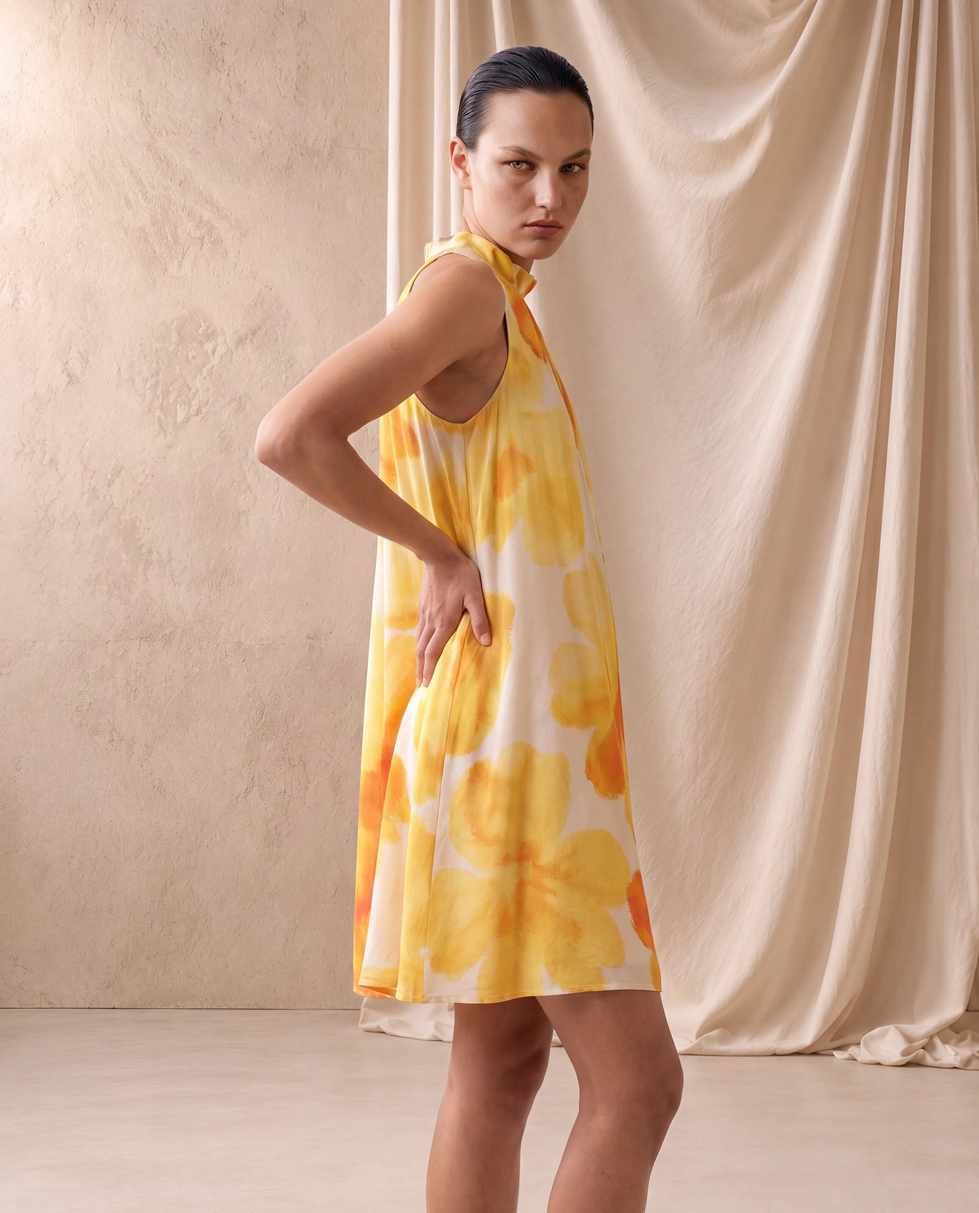 Rareism Women's Rusin Yellow Cotton Satin Halter Neck A-Line Floral Print Dress