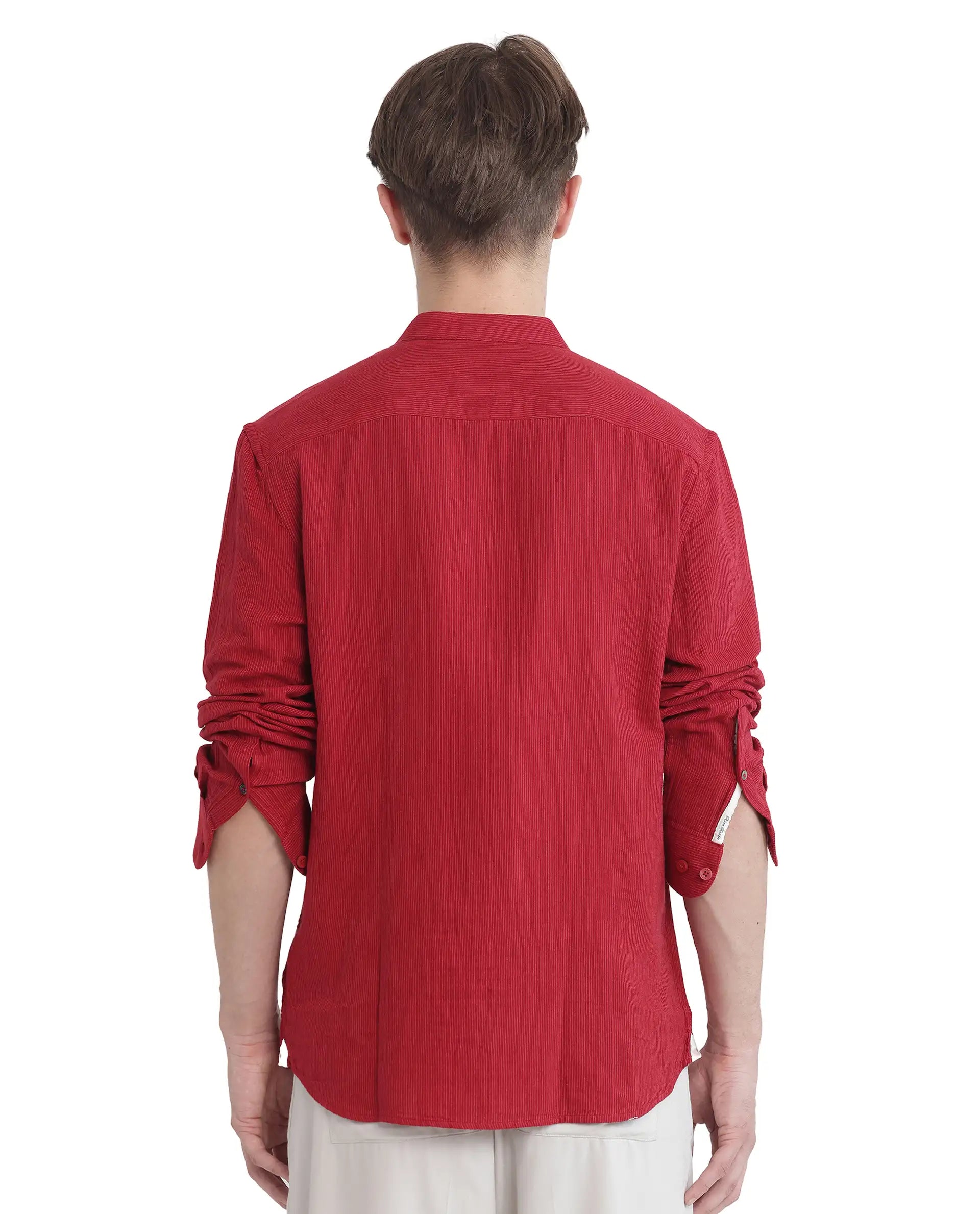 Rare Rabbit Men Rusk Red Cotton Fabric Full Sleeve Mandarin Collar Button Closure Plain Shirt