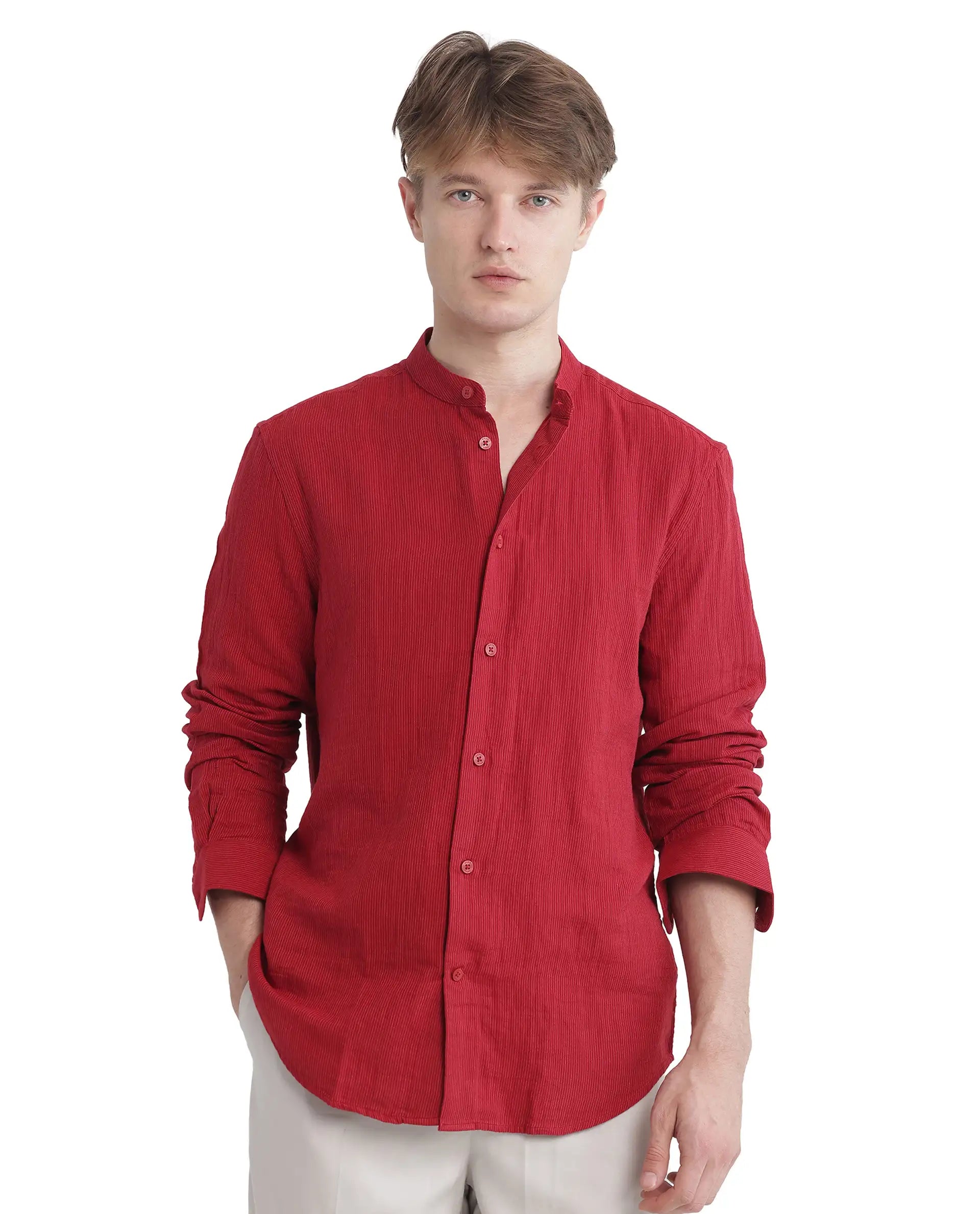 Rare Rabbit Men Rusk Red Cotton Fabric Full Sleeve Mandarin Collar Button Closure Plain Shirt