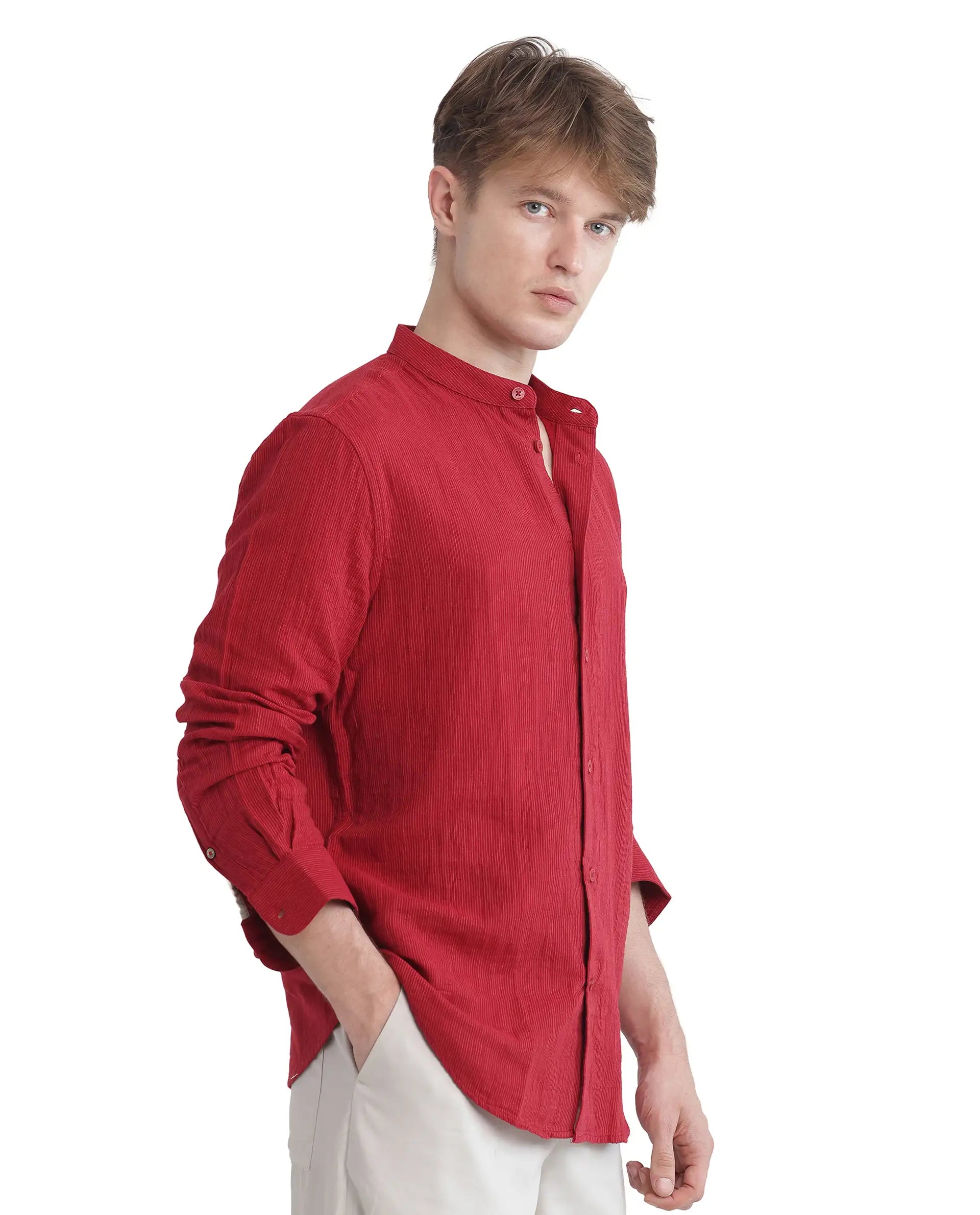 Rare Rabbit Men Rusk Red Cotton Fabric Full Sleeve Mandarin Collar Button Closure Plain Shirt