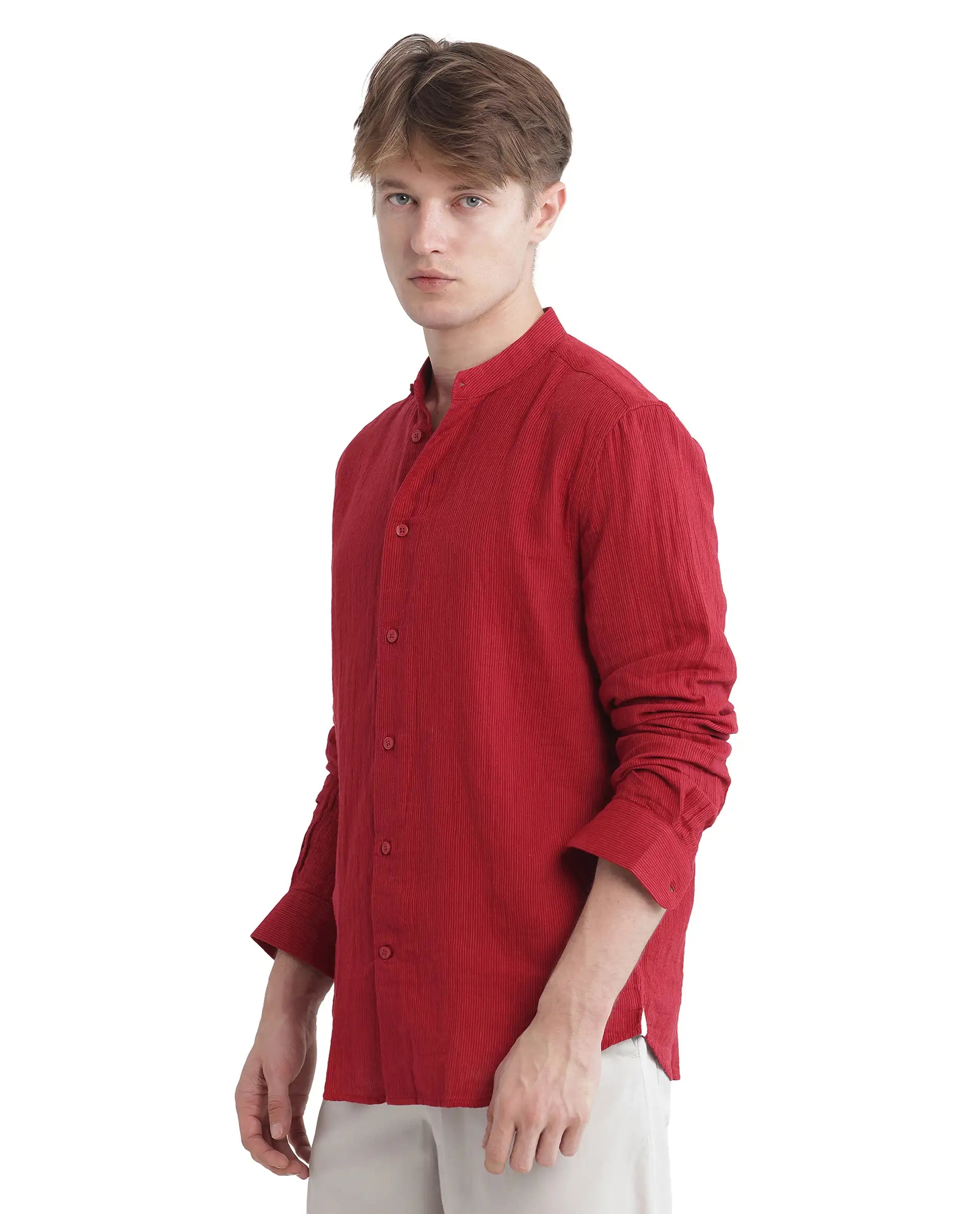 Rare Rabbit Men Rusk Red Cotton Fabric Full Sleeve Mandarin Collar Button Closure Plain Shirt