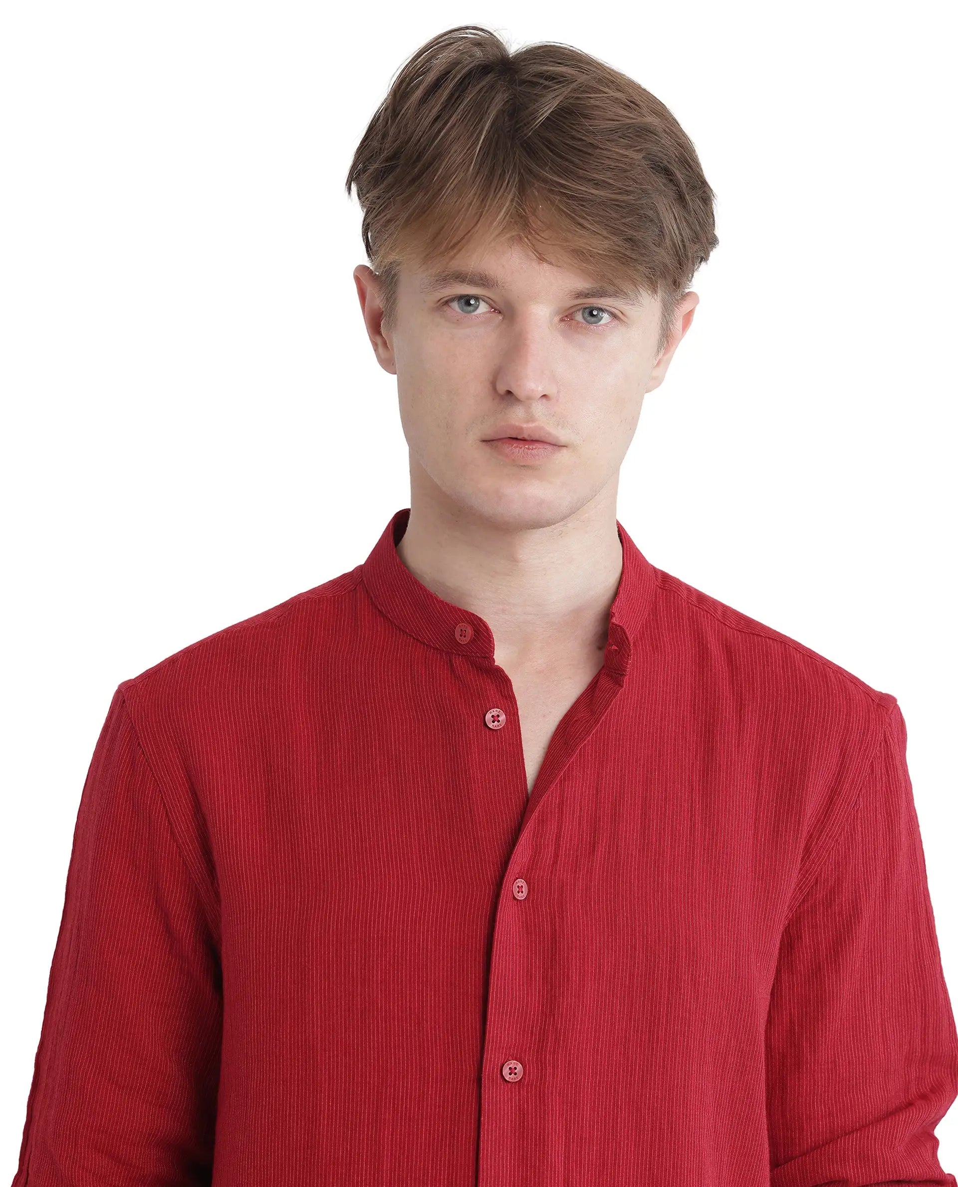 Rare Rabbit Men Rusk Red Cotton Fabric Full Sleeve Mandarin Collar Button Closure Plain Shirt