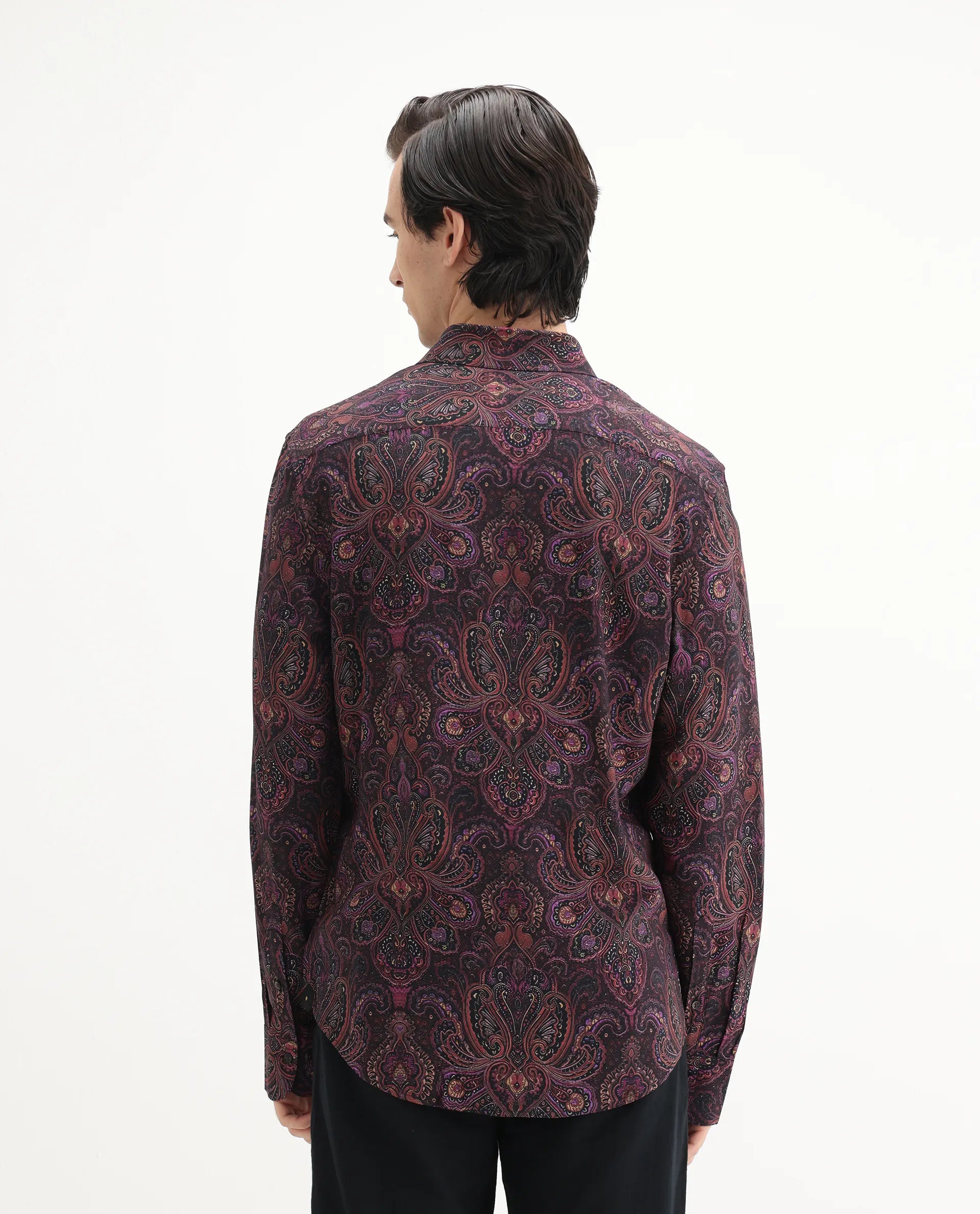 Rare Rabbit Men's Rust Dusky Purple Viscose Paisley Print Regular Fit Full Sleeve Collared Shirt